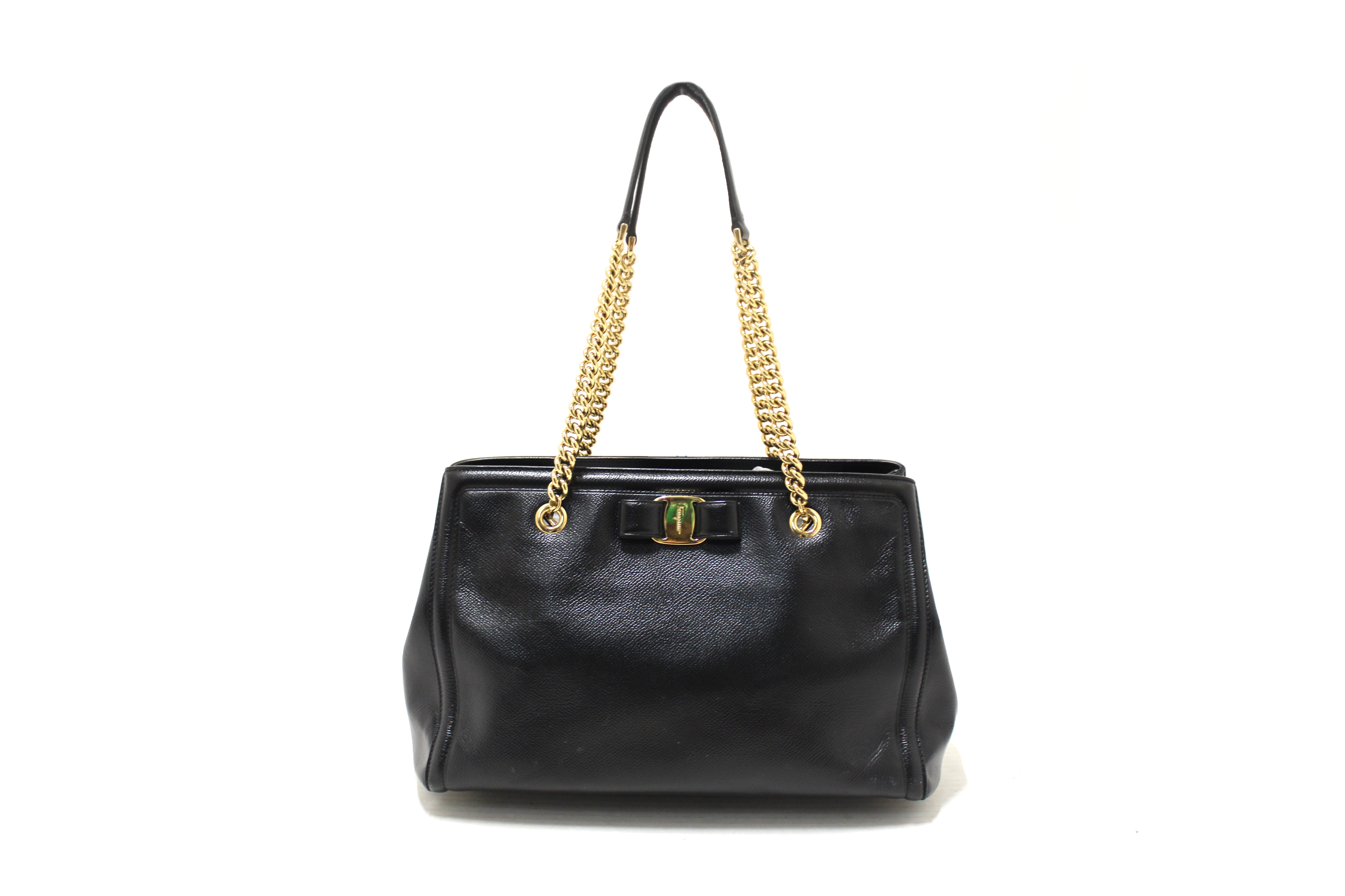 Authentic Salvatore Ferragamo Black Leather Vara Bow Chain Tote Shoulder Bag