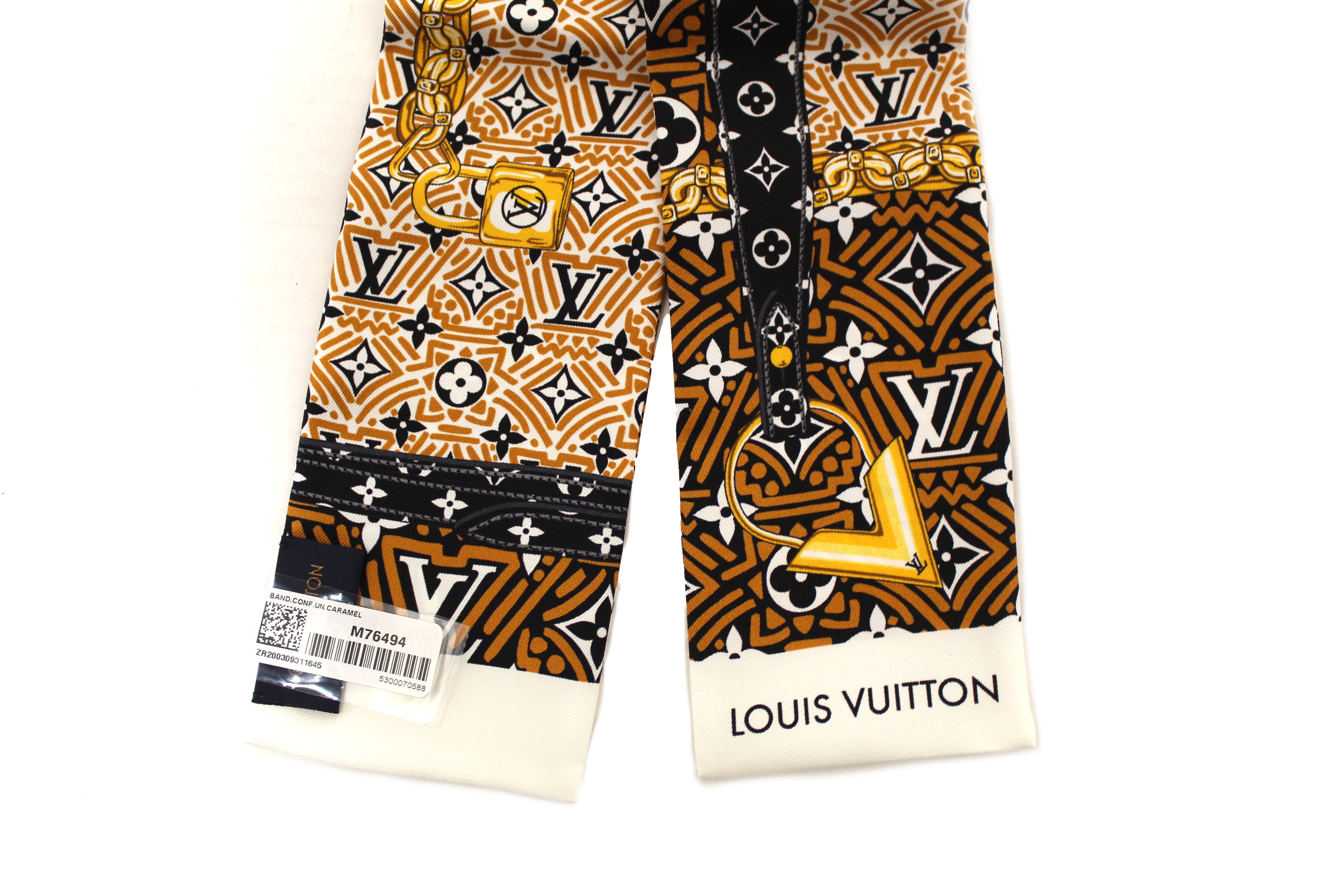 NEW Authentic Louis Vuitton Silk Caramel Monogram Crafty Confidential Twilly Bandeau Scarf