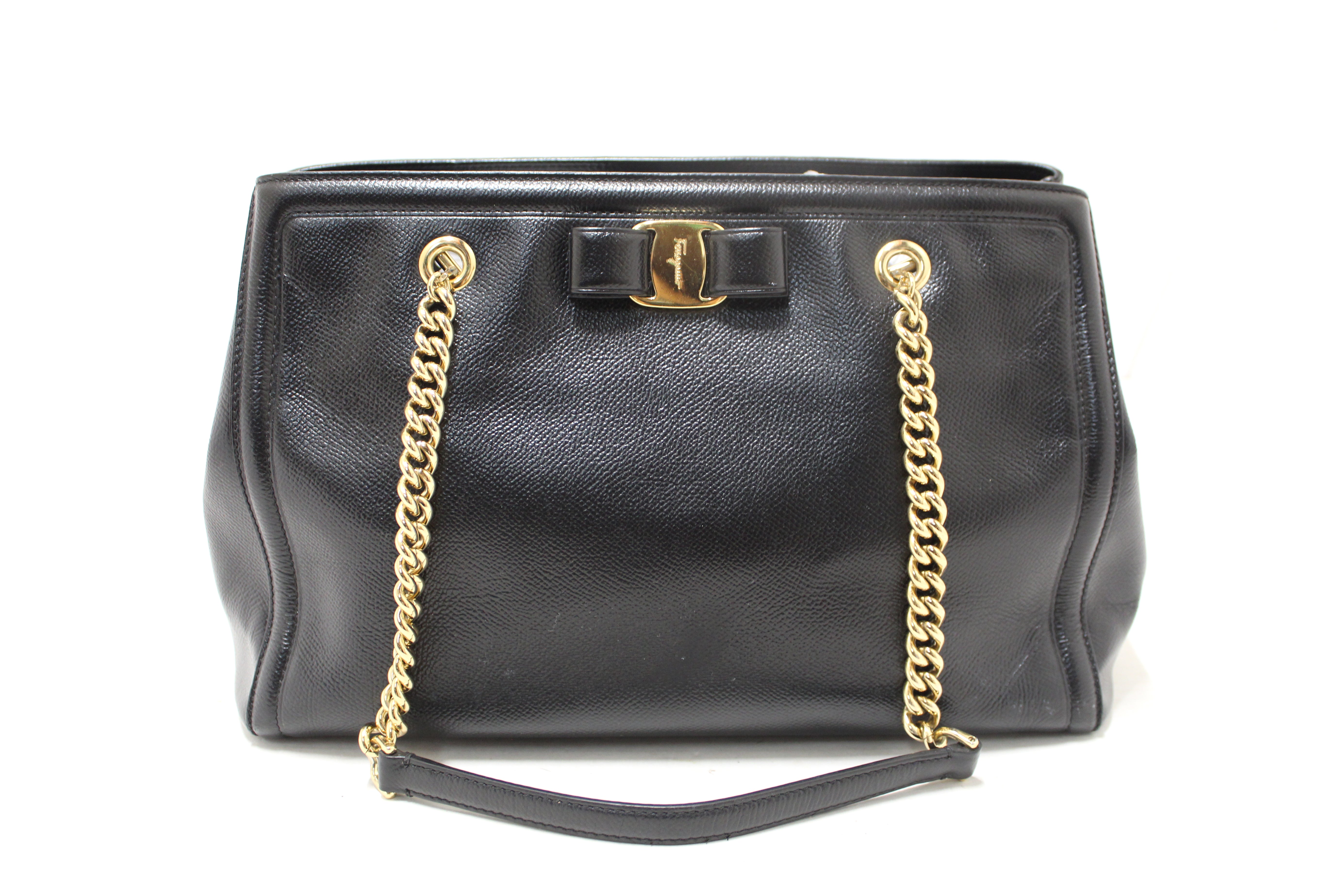 Authentic Salvatore Ferragamo Black Leather Vara Bow Chain Tote Shoulder Bag