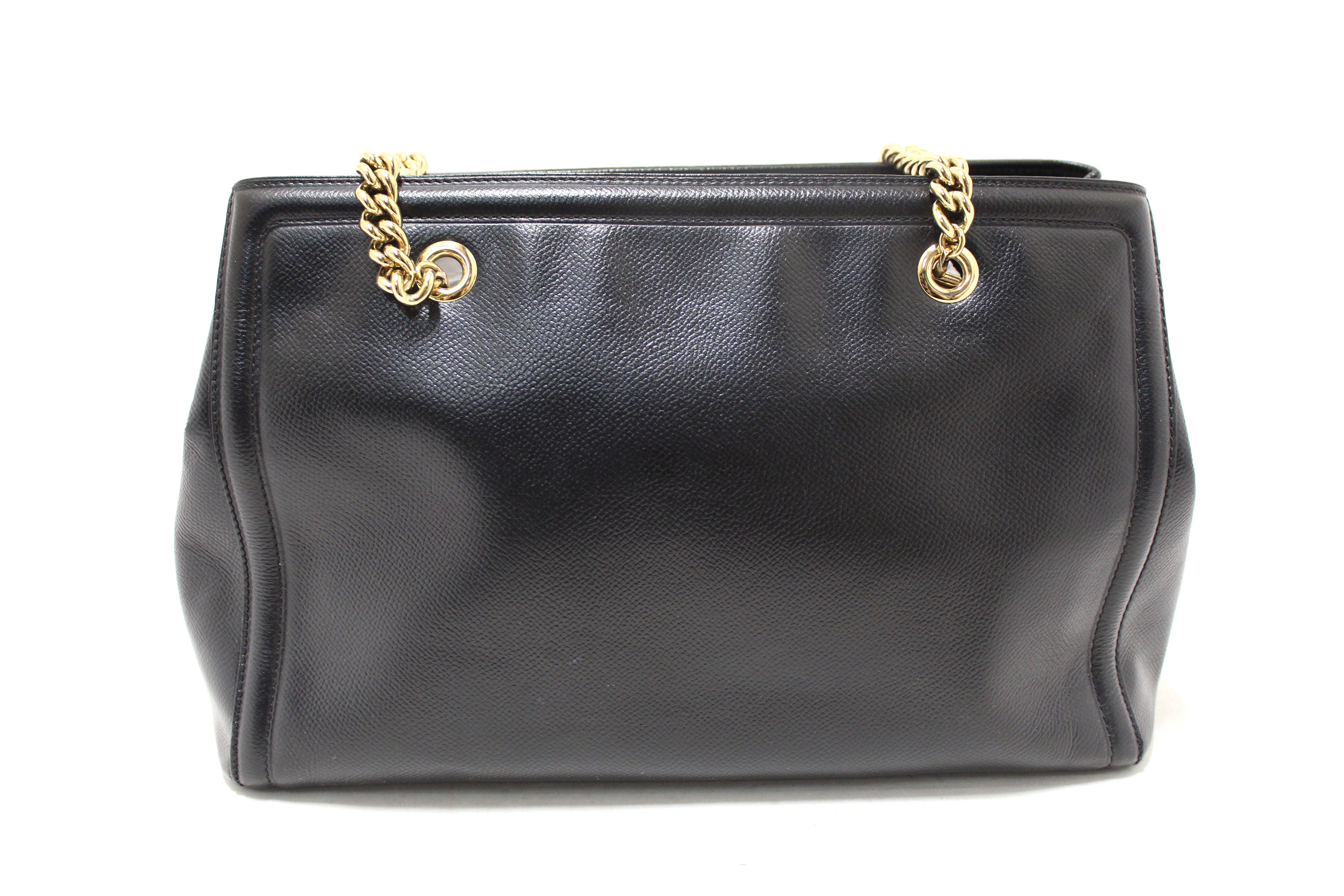 Authentic Salvatore Ferragamo Black Leather Vara Bow Chain Tote Shoulder Bag