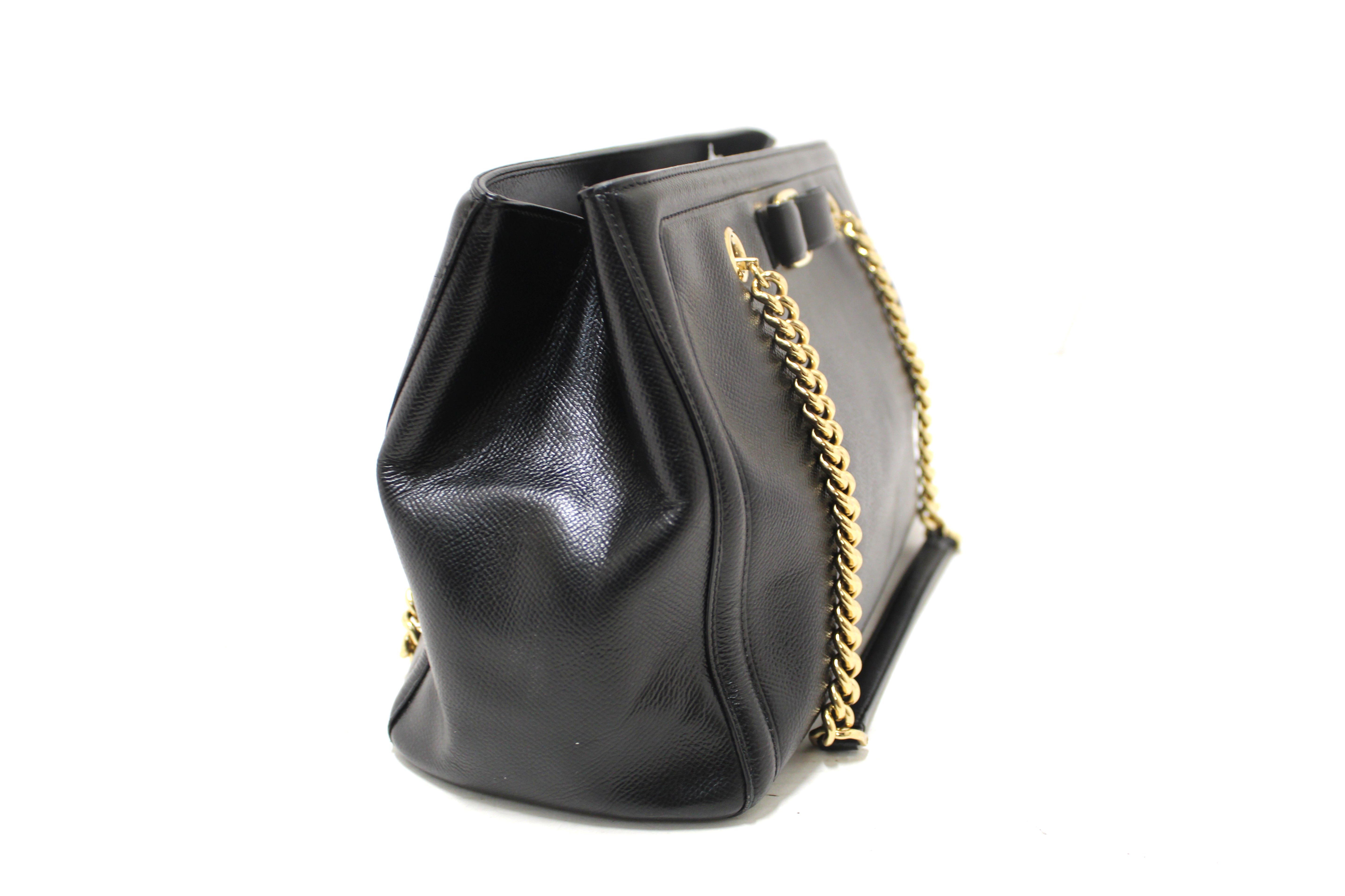 Authentic Salvatore Ferragamo Black Leather Vara Bow Chain Tote Shoulder Bag