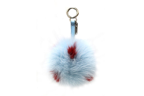 Authentic Fendi Blue/Red Fox Fur Pom-Pom Bag Charm