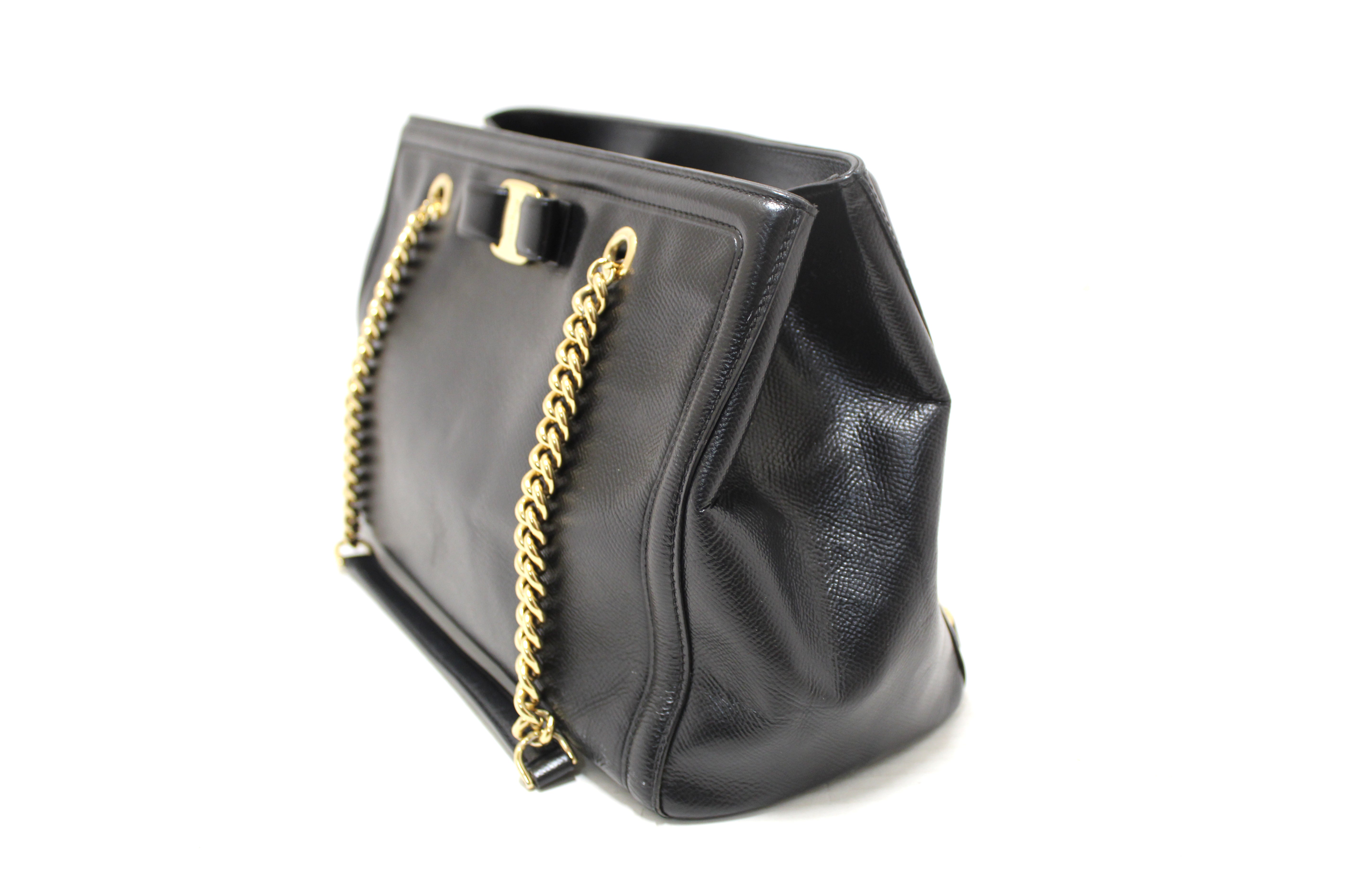 Authentic Salvatore Ferragamo Black Leather Vara Bow Chain Tote Shoulder Bag