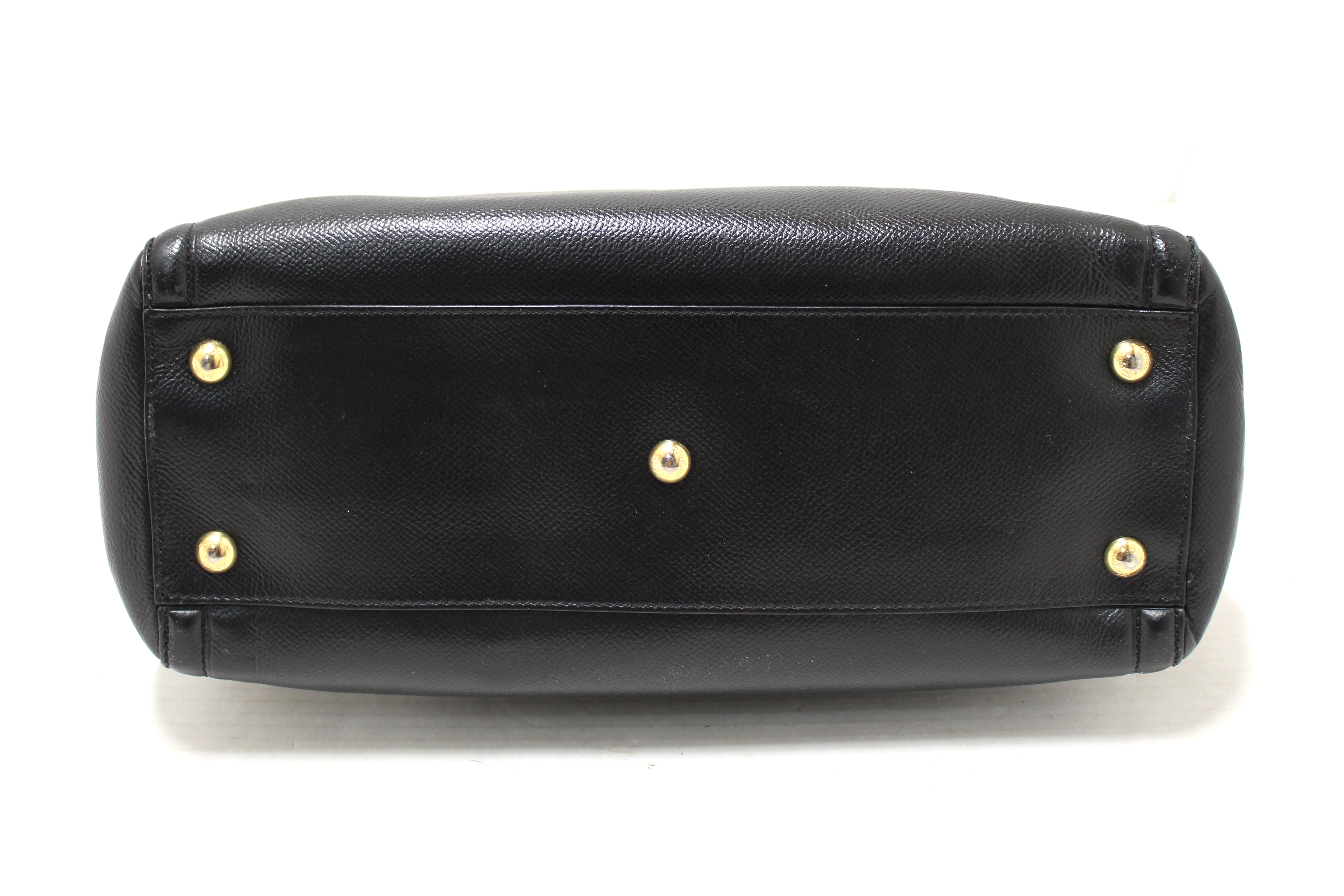 Authentic Salvatore Ferragamo Black Leather Vara Bow Chain Tote Shoulder Bag
