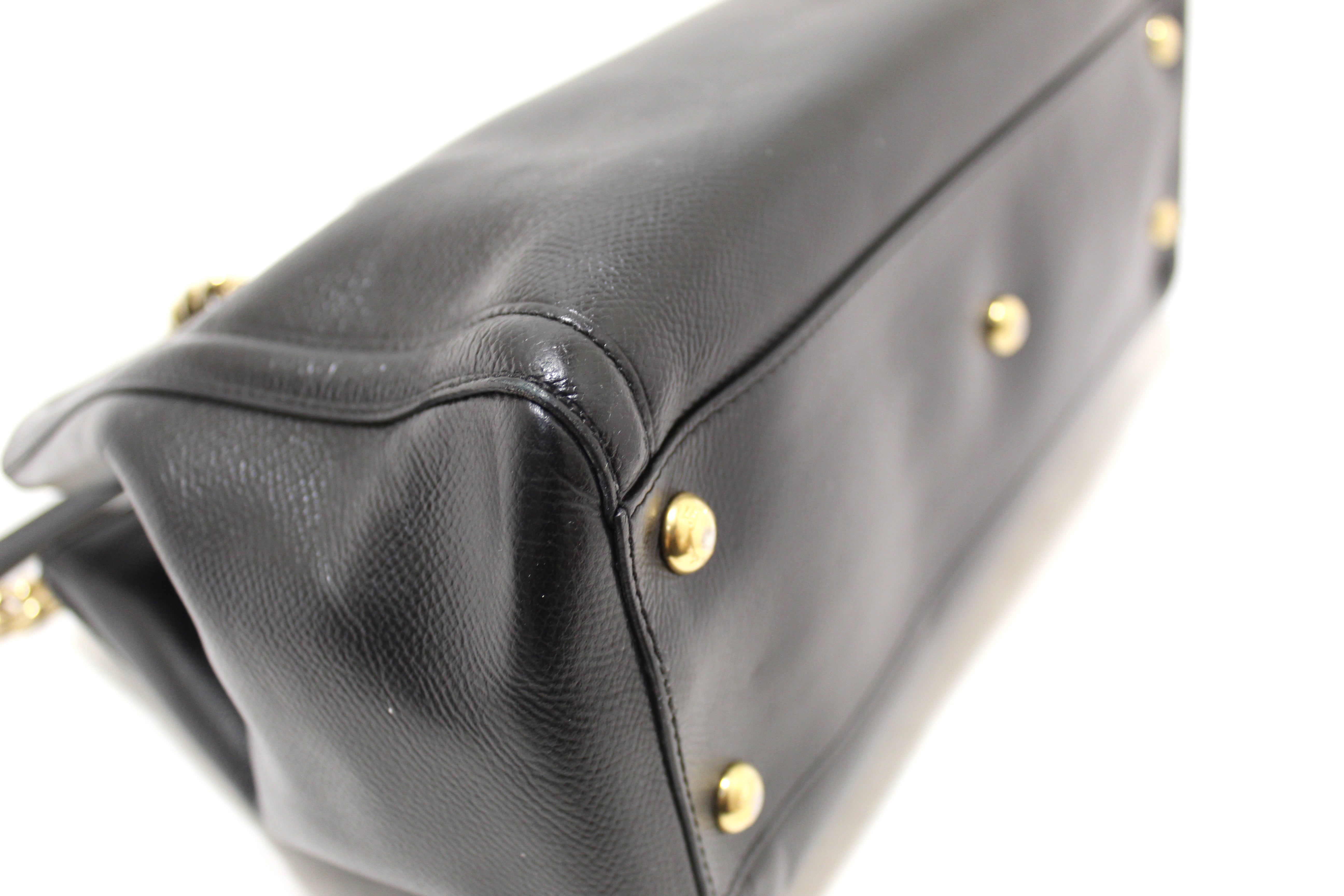 Authentic Salvatore Ferragamo Black Leather Vara Bow Chain Tote Shoulder Bag