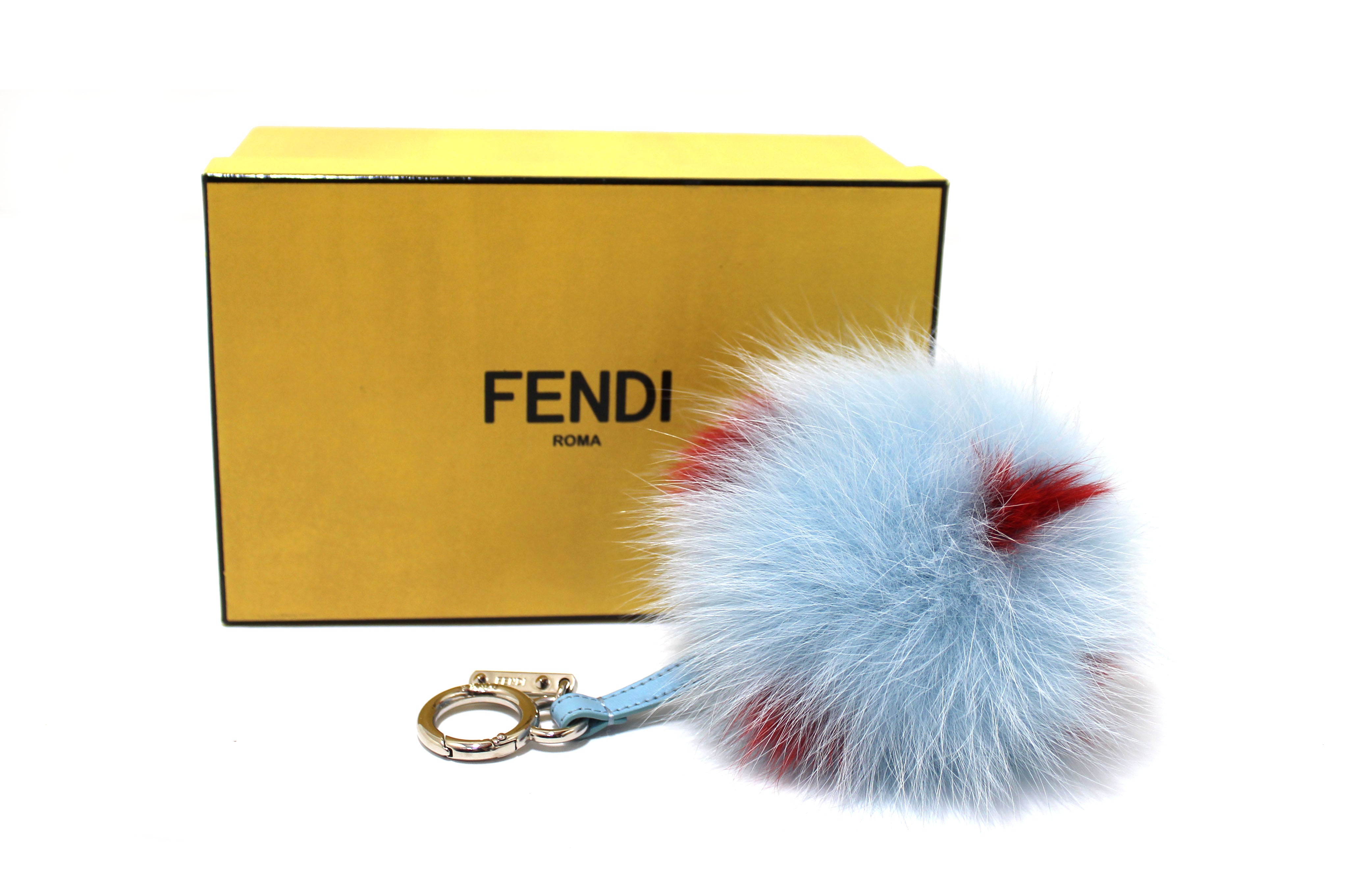 Authentic Fendi Blue/Red Fox Fur Pom-Pom Bag Charm
