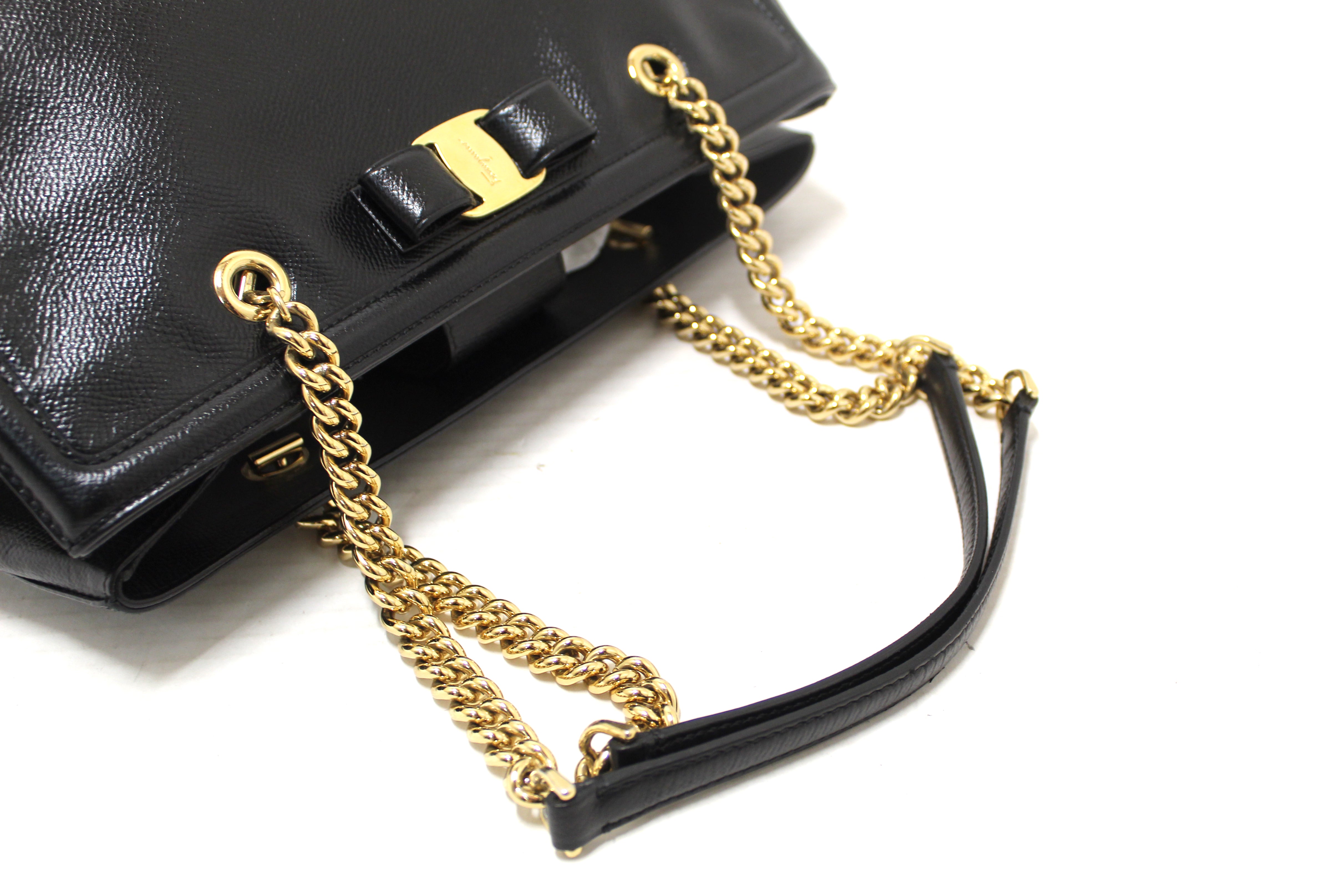Authentic Salvatore Ferragamo Black Leather Vara Bow Chain Tote Shoulder Bag