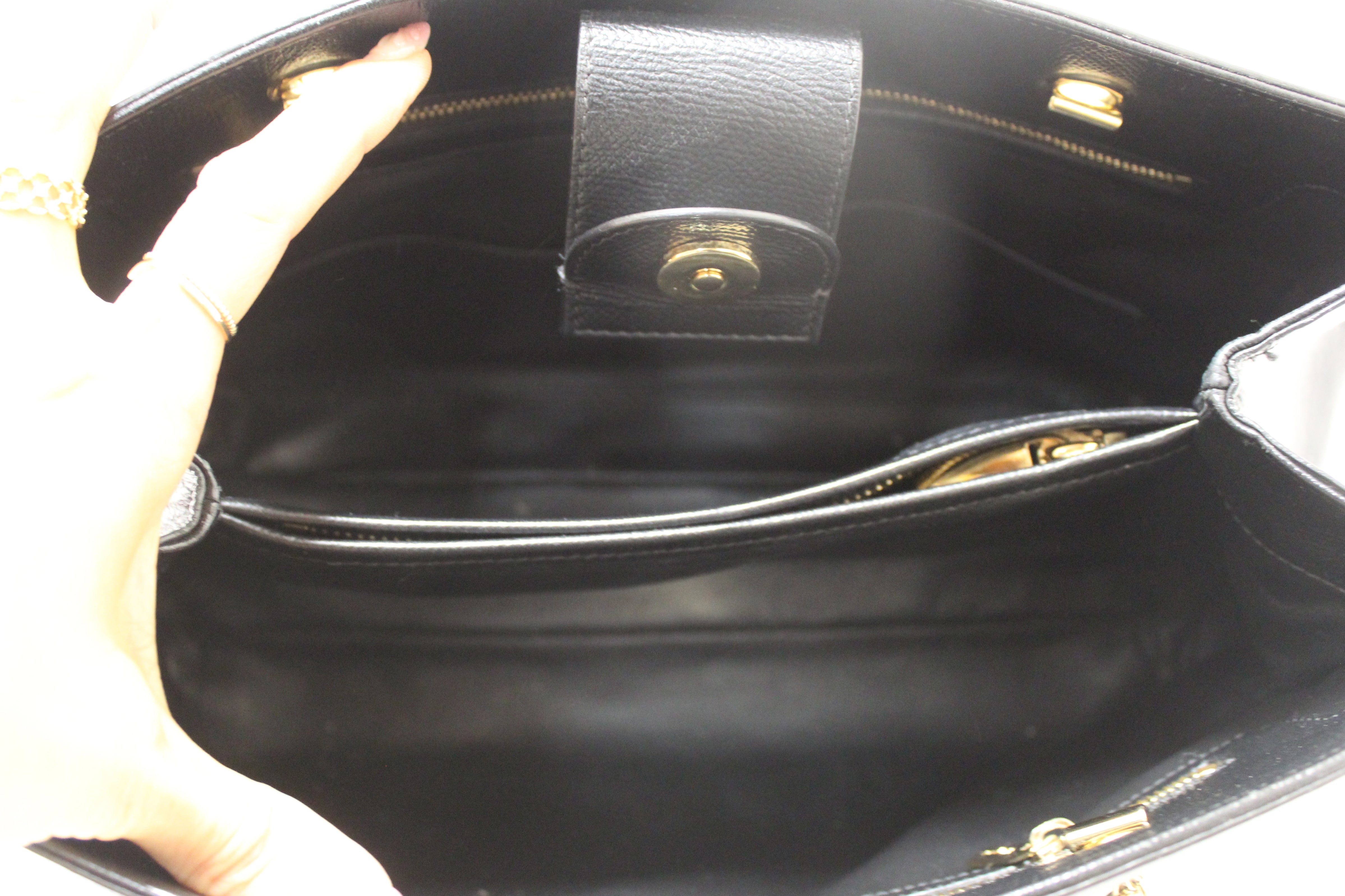 Authentic Salvatore Ferragamo Black Leather Vara Bow Chain Tote Shoulder Bag