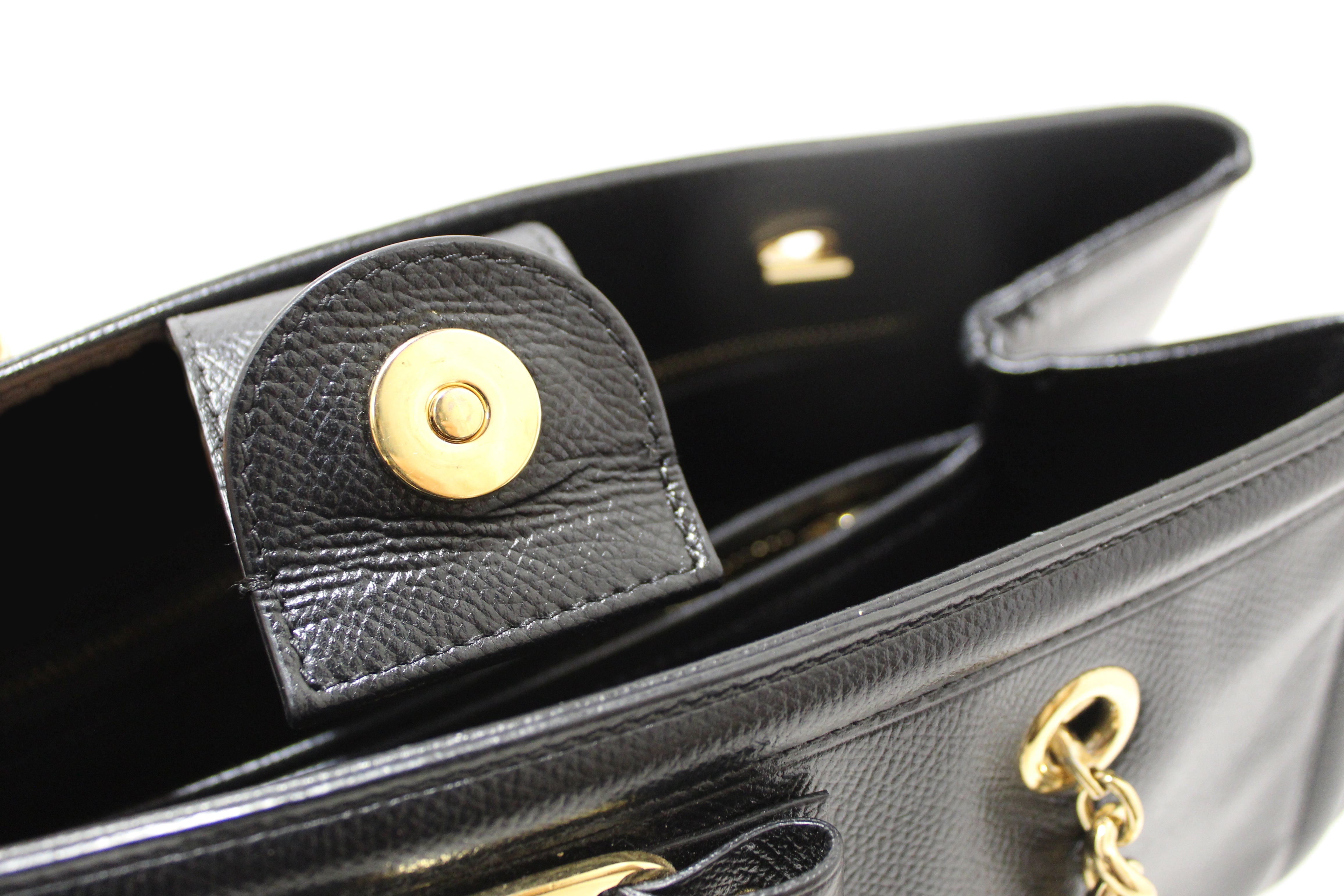 Authentic Salvatore Ferragamo Black Leather Vara Bow Chain Tote Shoulder Bag
