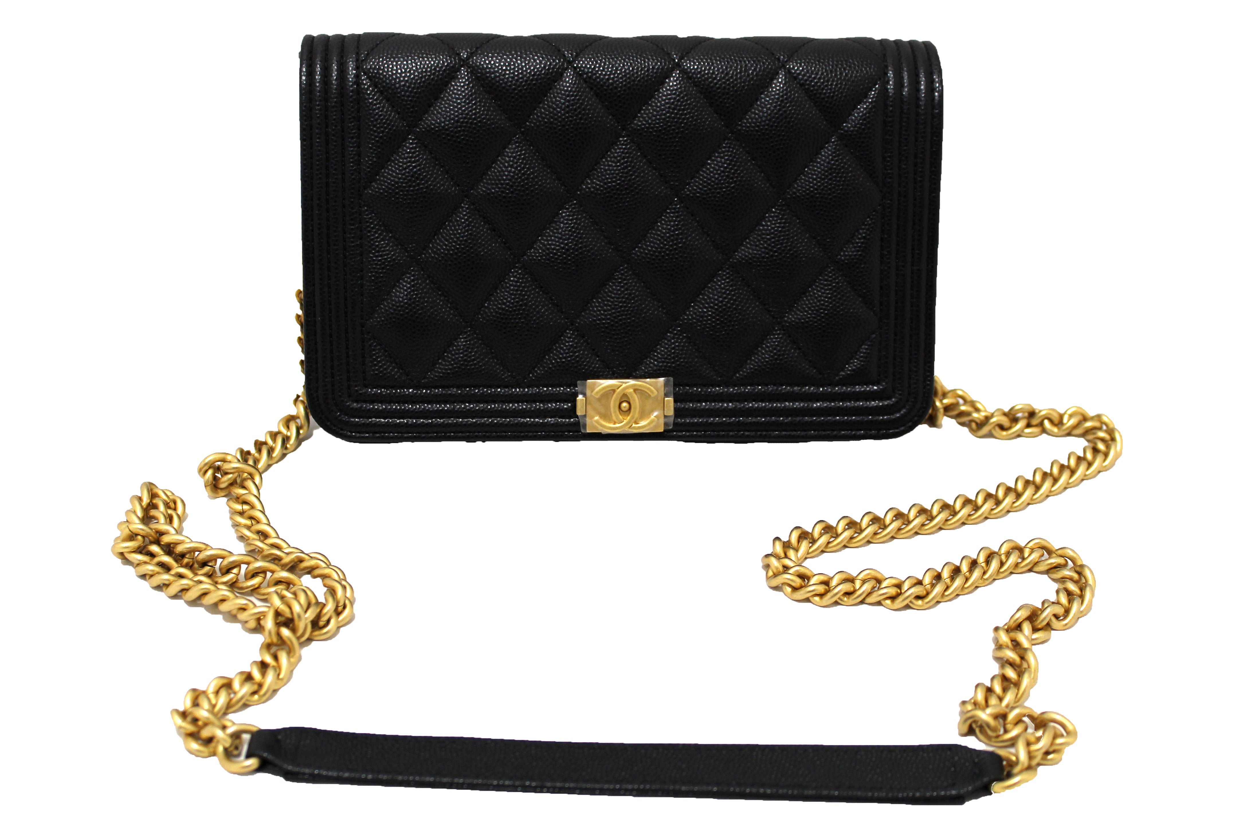 Authentic Chanel Black Caviar Quilted Leather Boy Wallet On Chain WOC