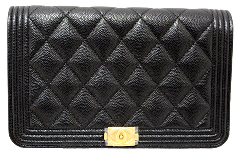 Authentic Chanel Black Caviar Quilted Leather Boy Wallet On Chain WOC