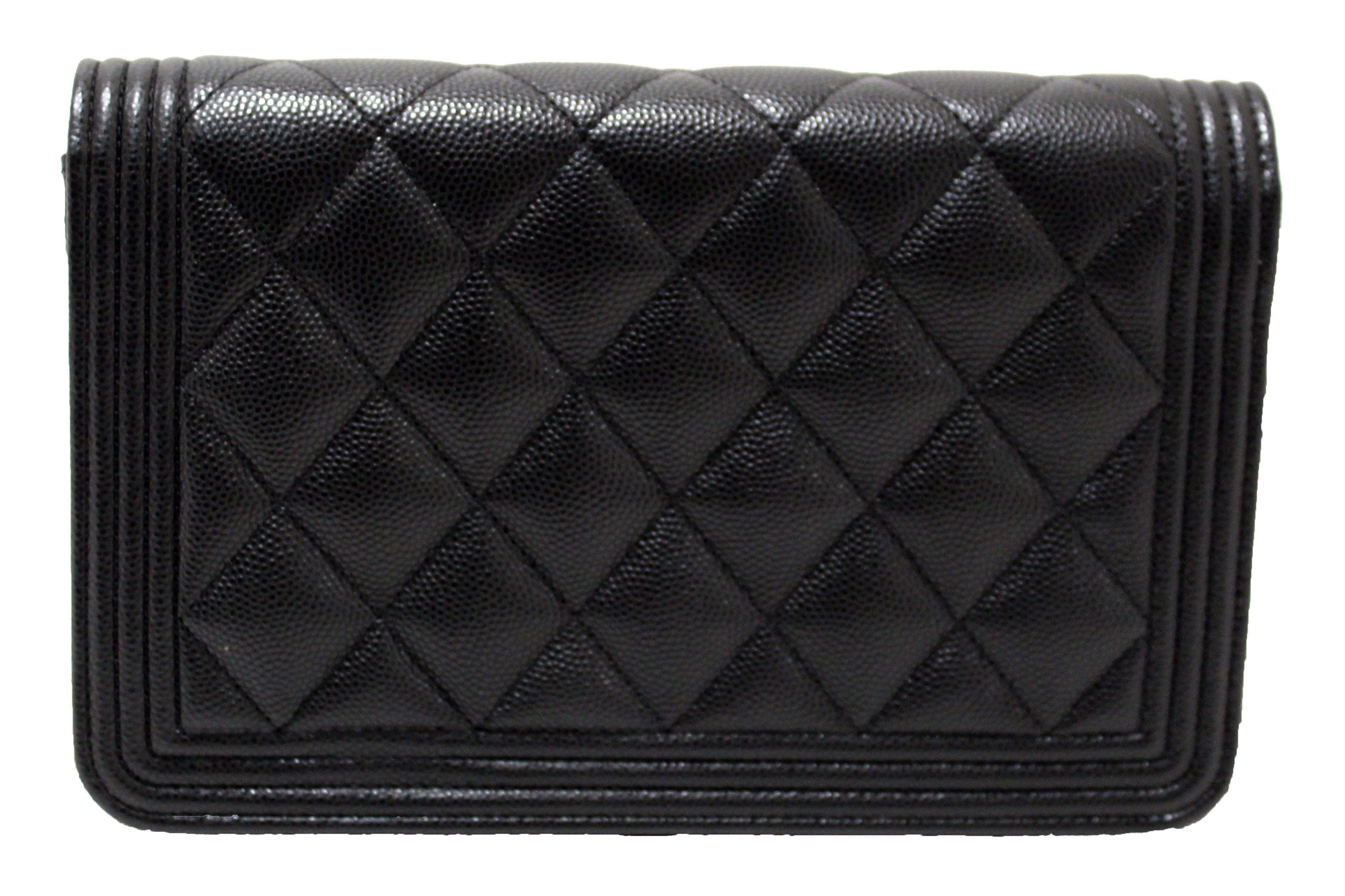 Authentic Chanel Black Caviar Quilted Leather Boy Wallet On Chain WOC