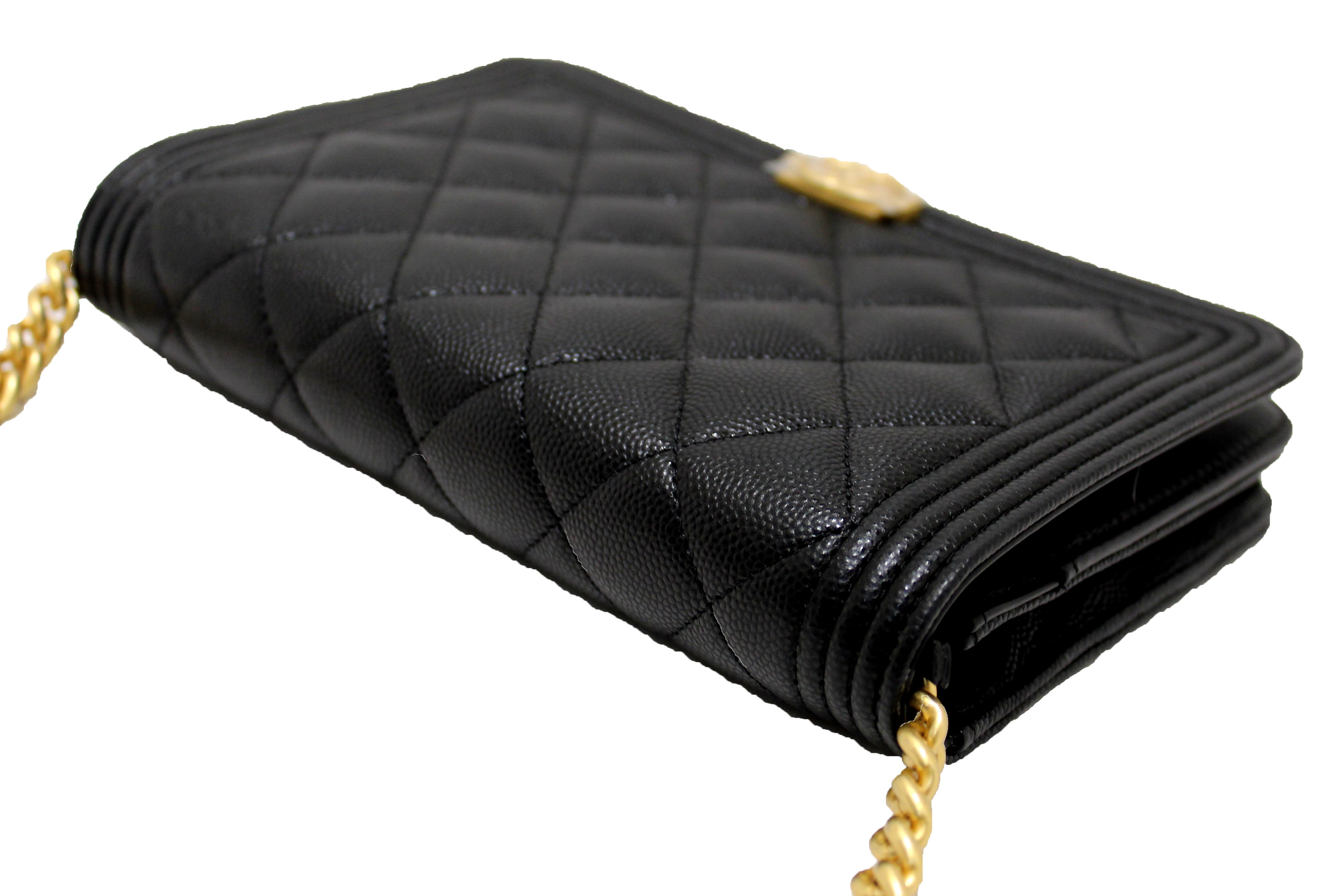 Authentic Chanel Black Caviar Quilted Leather Boy Wallet On Chain WOC