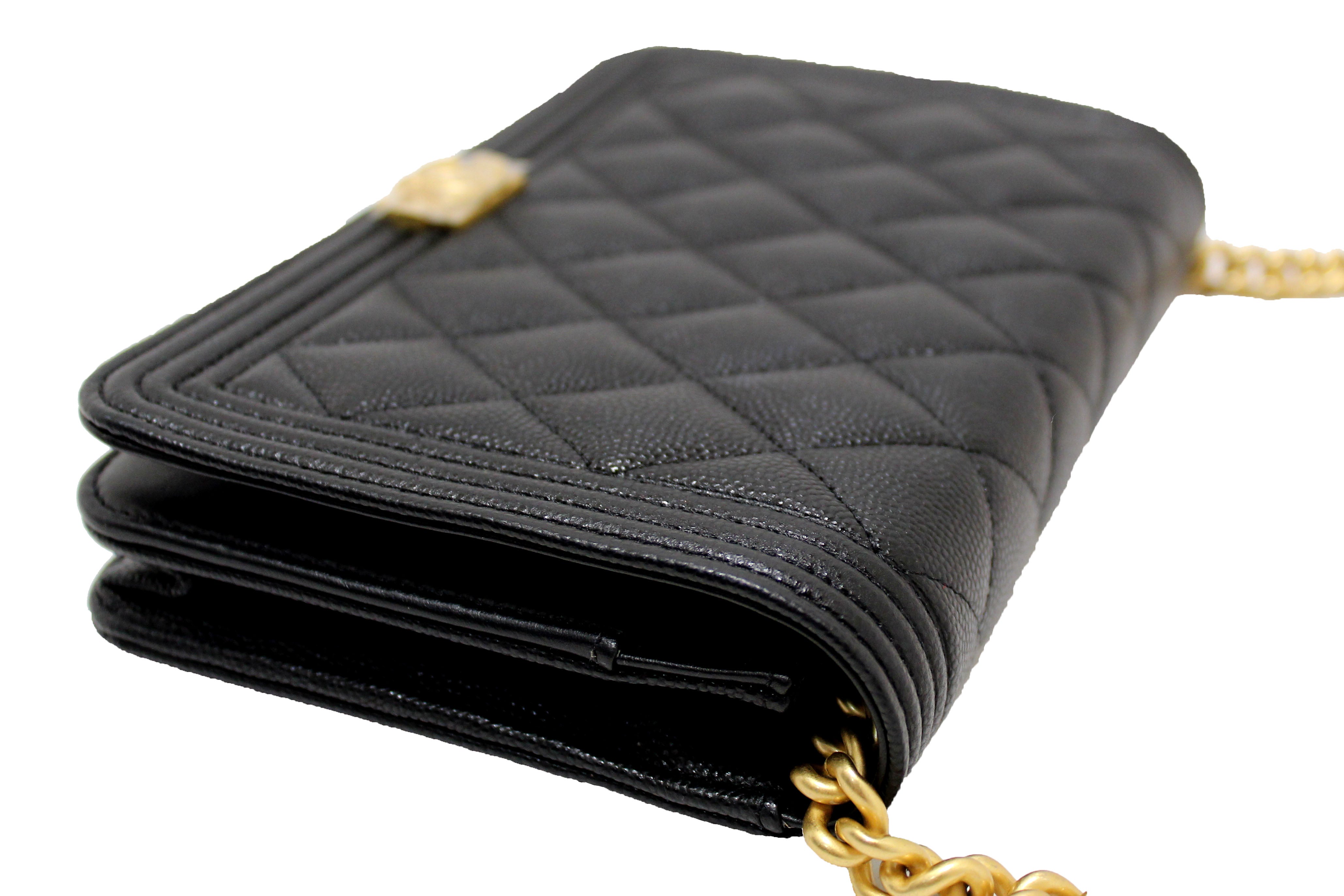 Authentic Chanel Black Caviar Quilted Leather Boy Wallet On Chain WOC