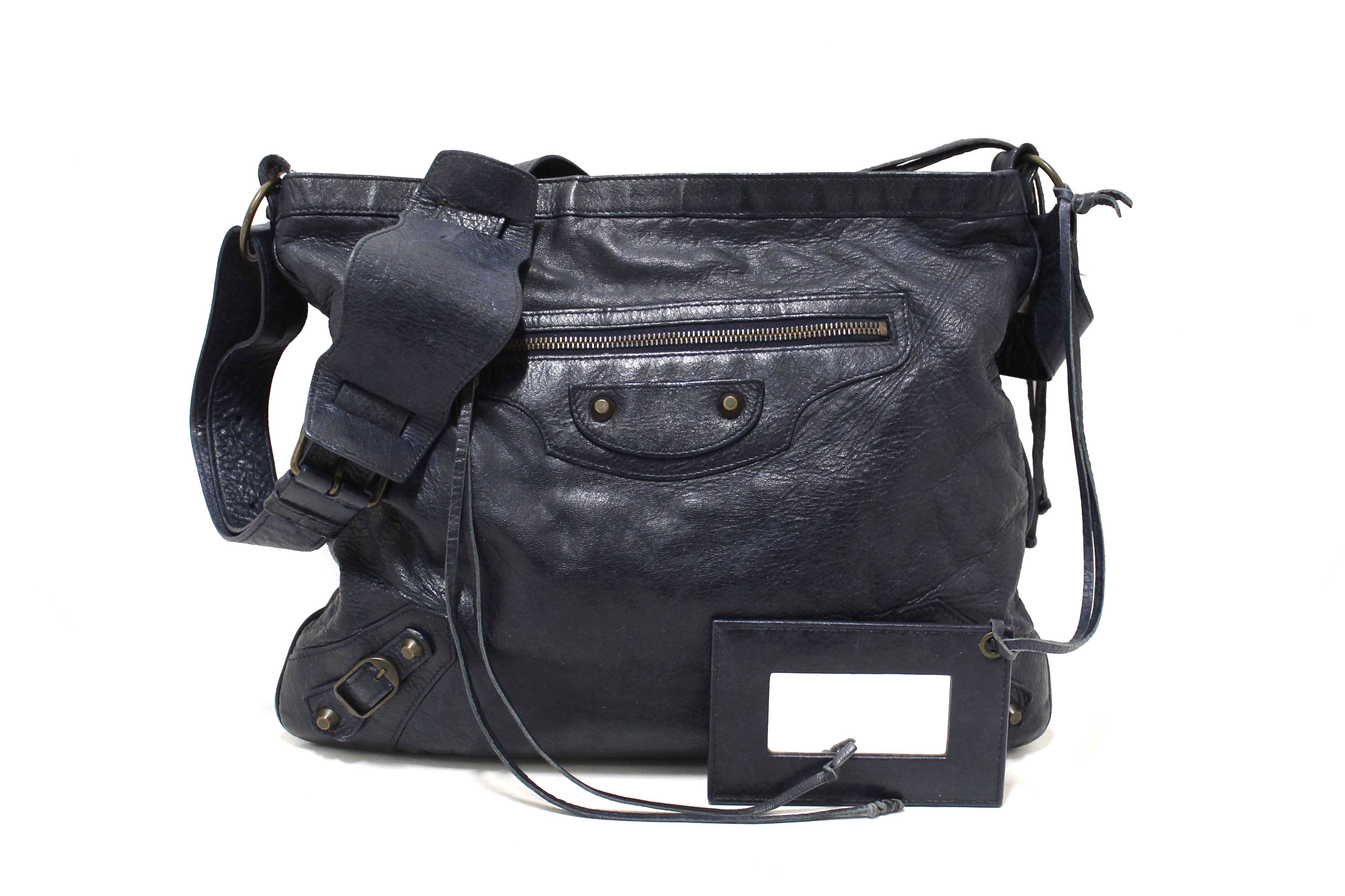 Authentic Balenciaga Blue Agneau Classic Hardware Flat Messenger