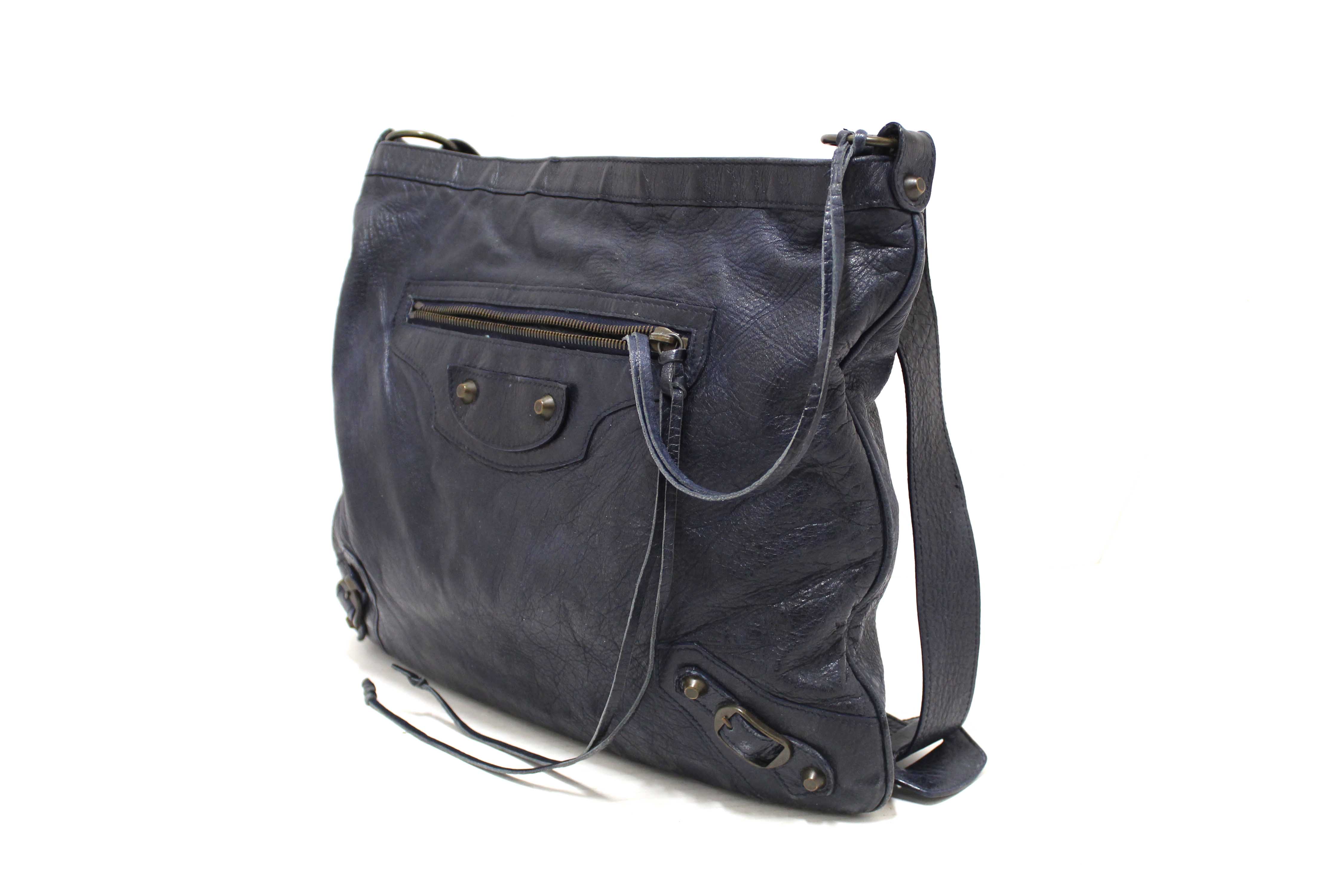 Authentic Balenciaga Blue Agneau Classic Hardware Flat Messenger