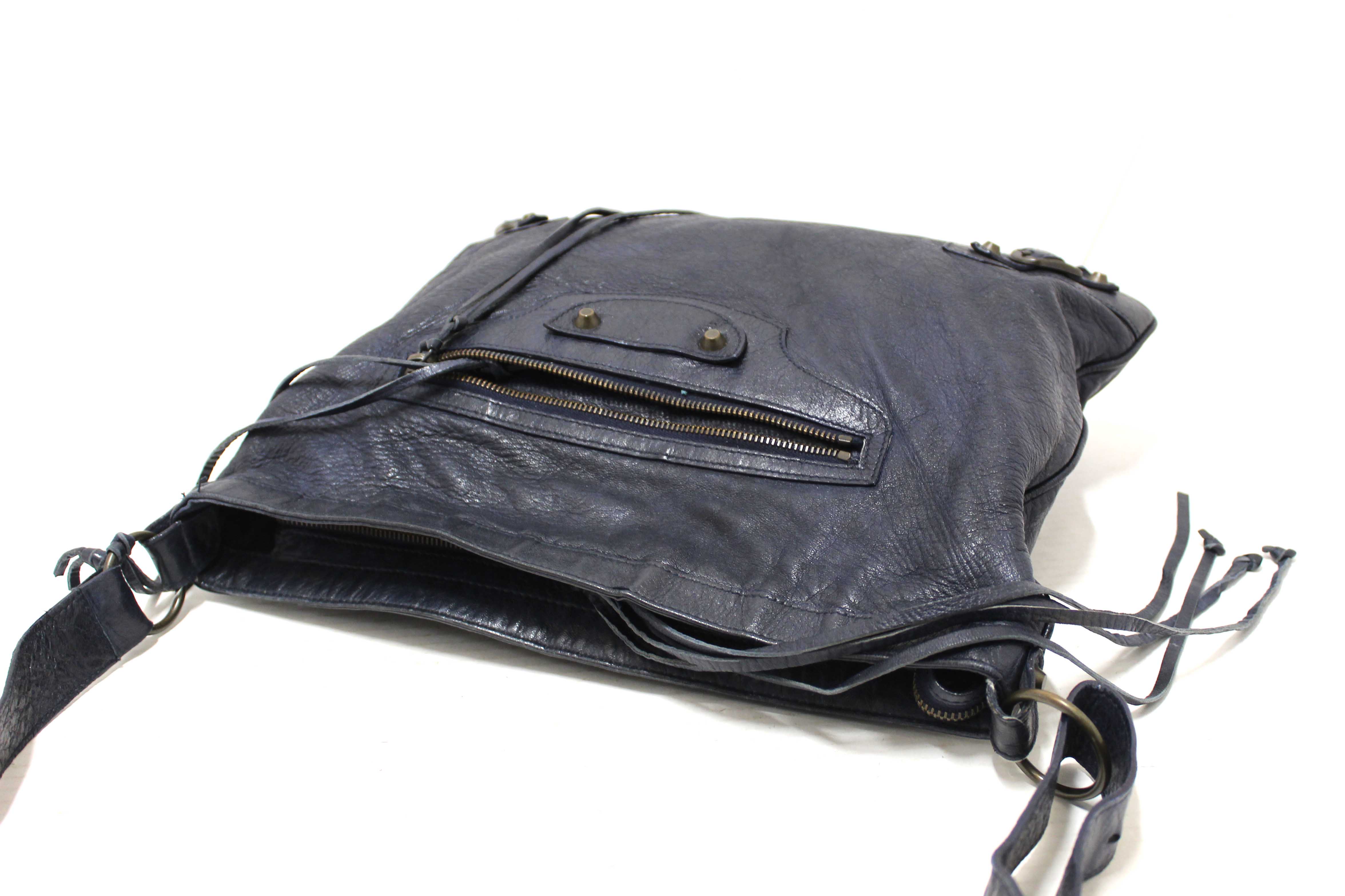 Authentic Balenciaga Blue Agneau Classic Hardware Flat Messenger