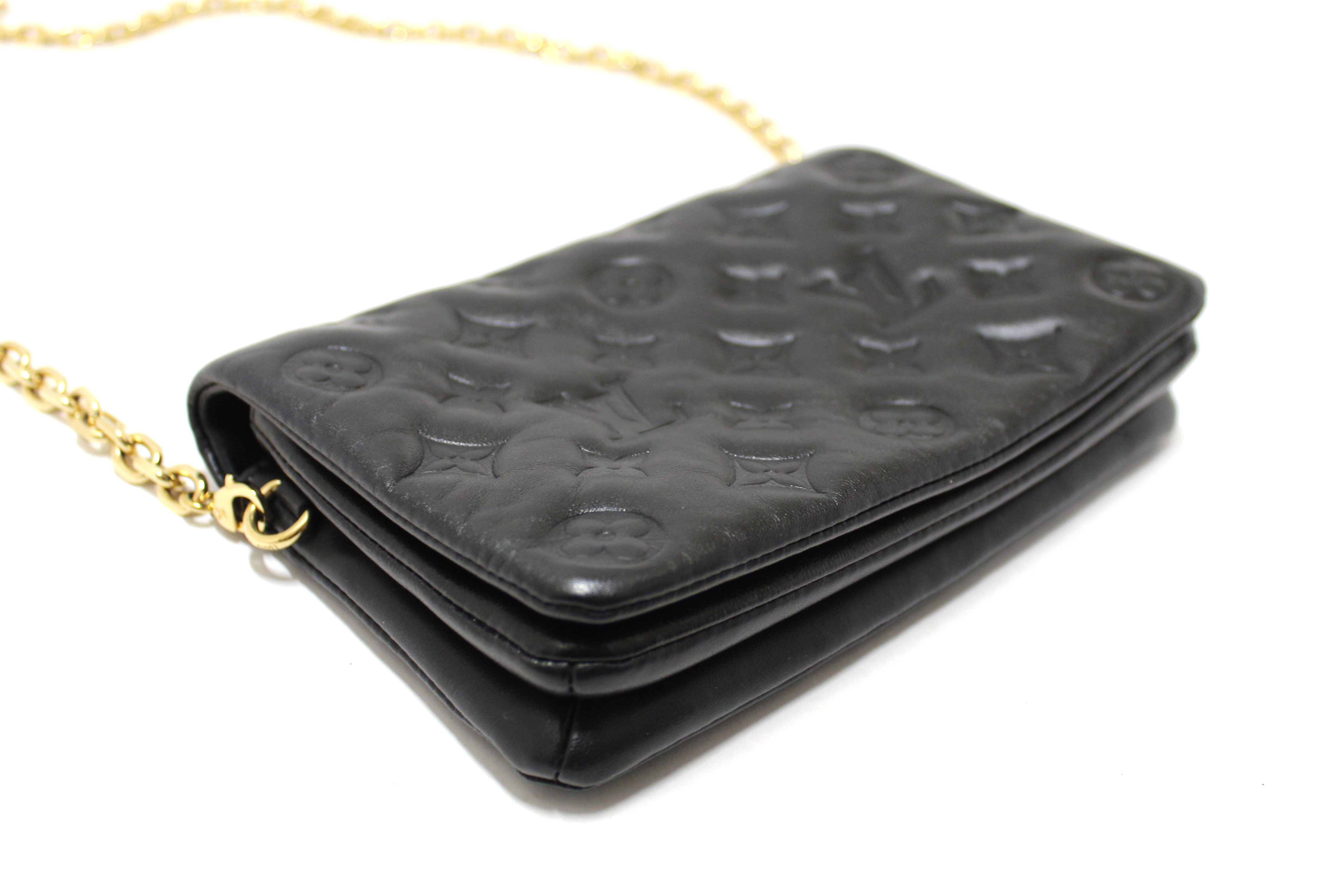 Authentic Louis Vuitton Black Monogram-Embossed Lambskin Pochette Coussin Bag