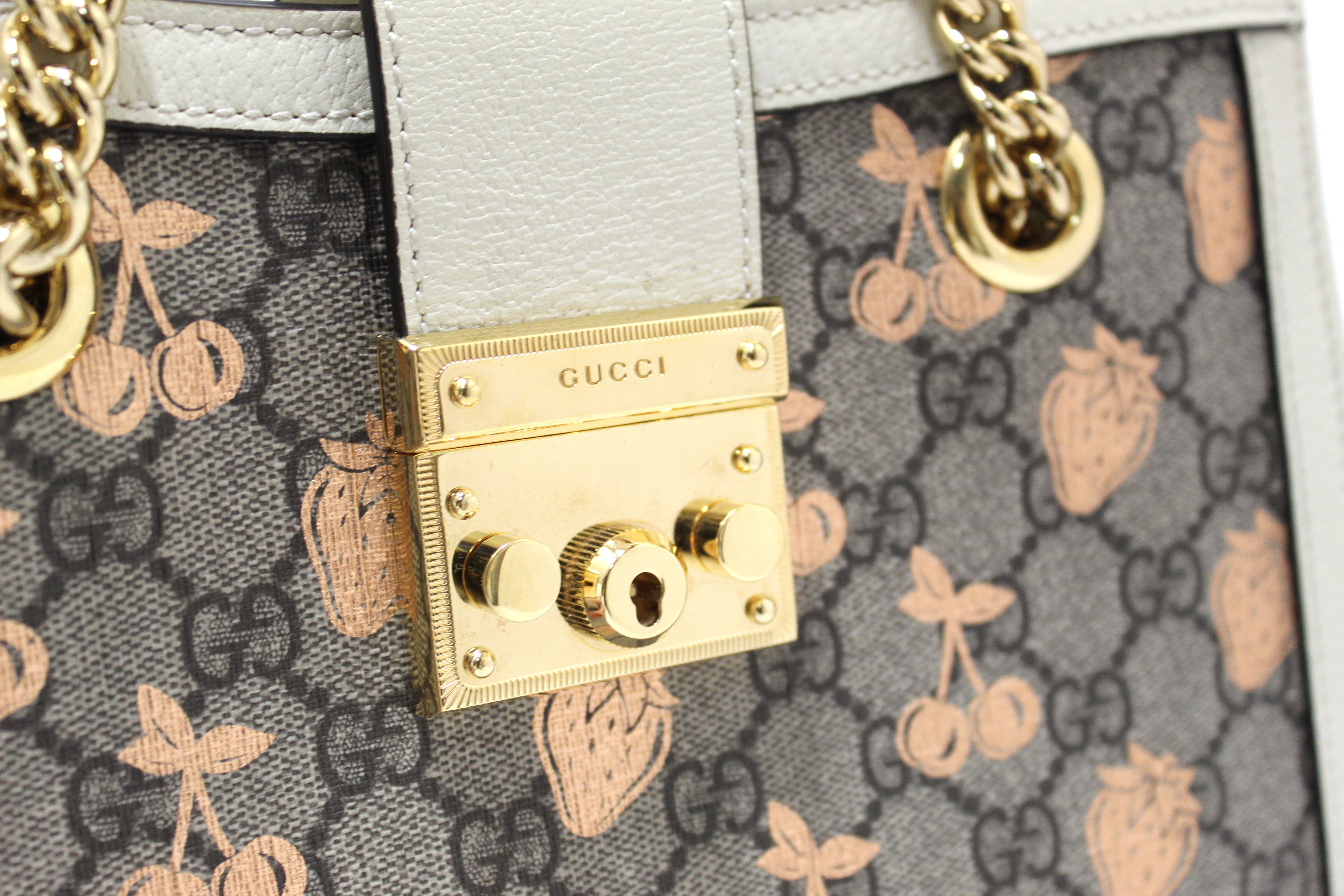 Authentic Gucci GG Beige Supreme Canvas Berry Small Padlock Tote Shoulder Bag 498156