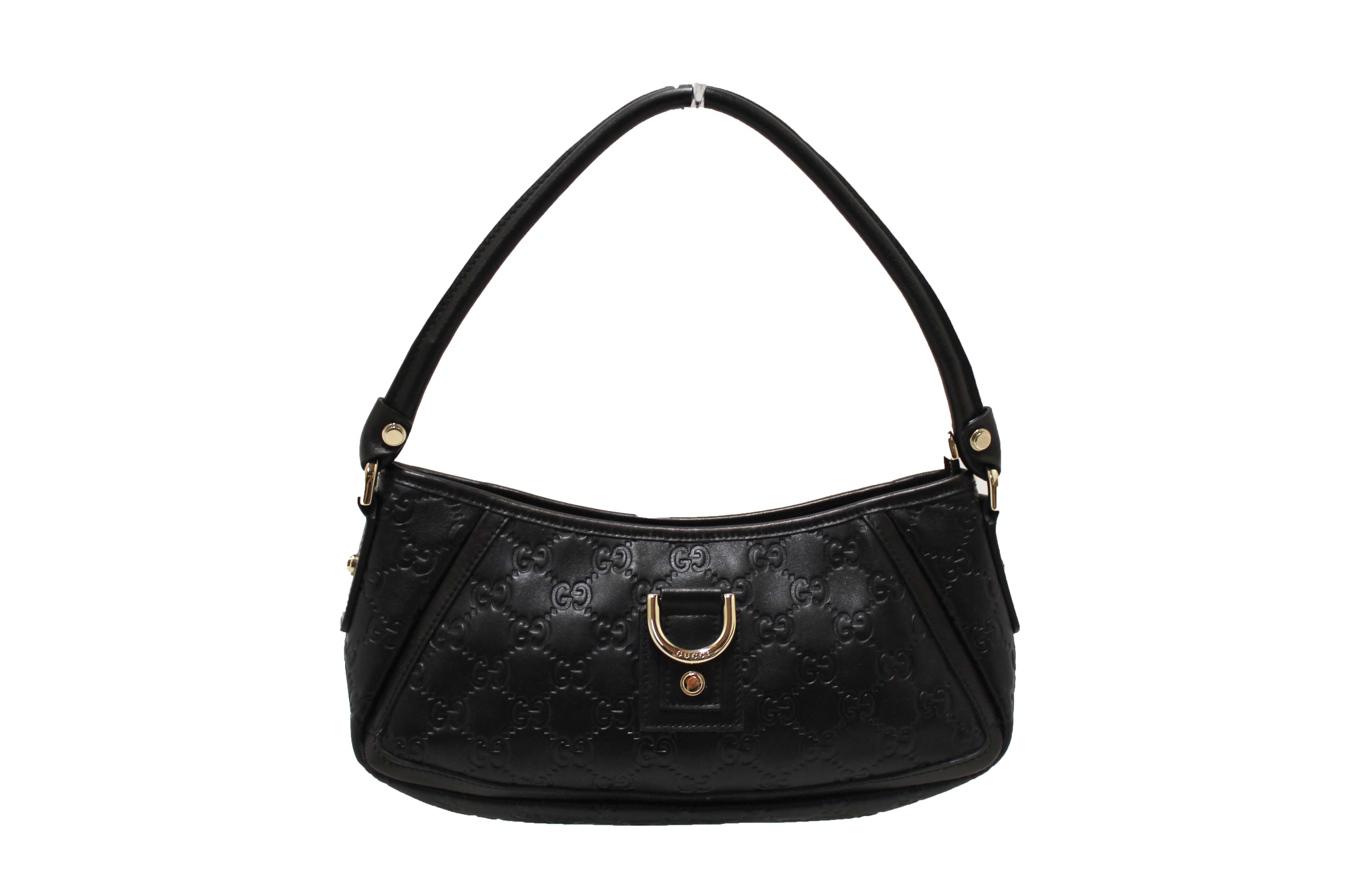 Authentic Gucci Black Guccissima Leather D Ring Abbey Pochette Bag 130939