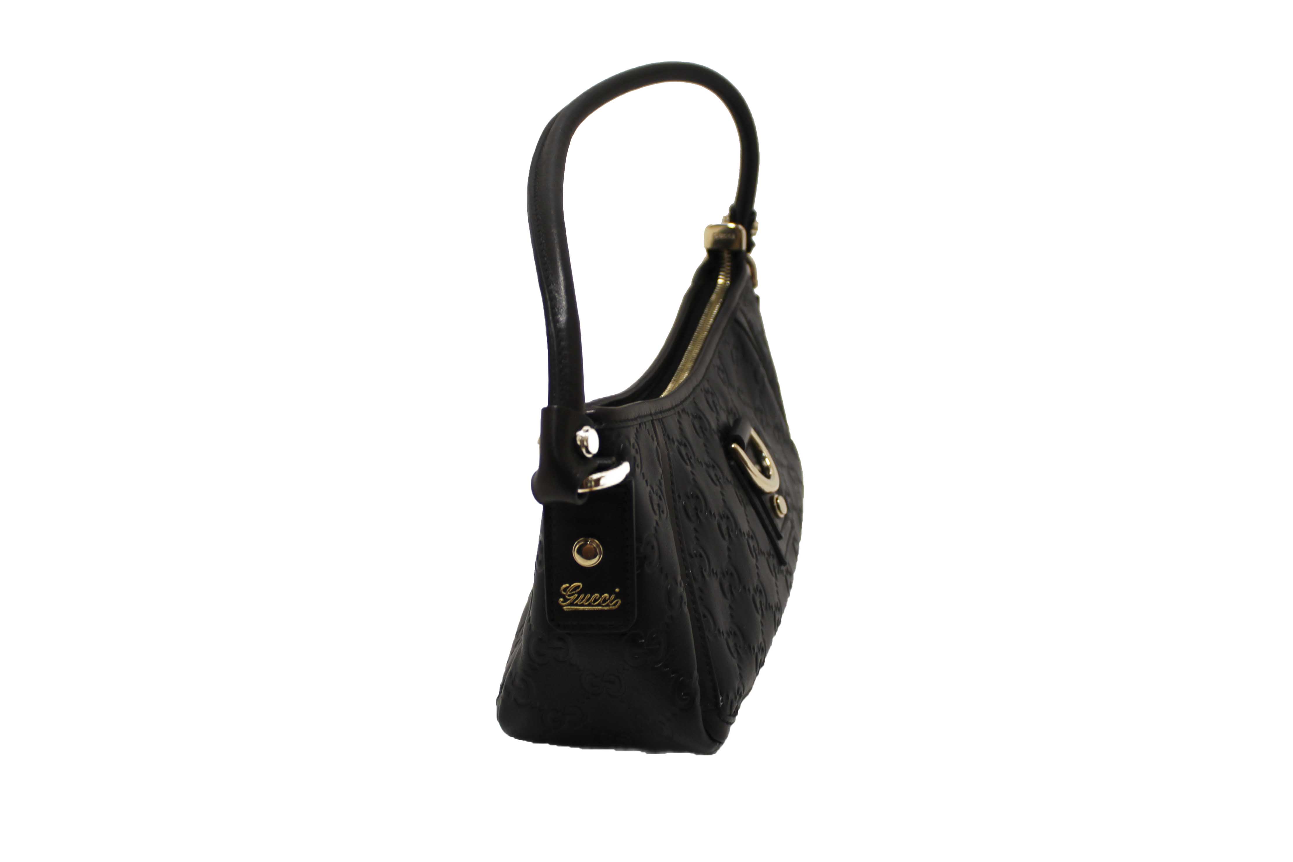 Authentic Gucci Black Guccissima Leather D Ring Abbey Pochette Bag 130939