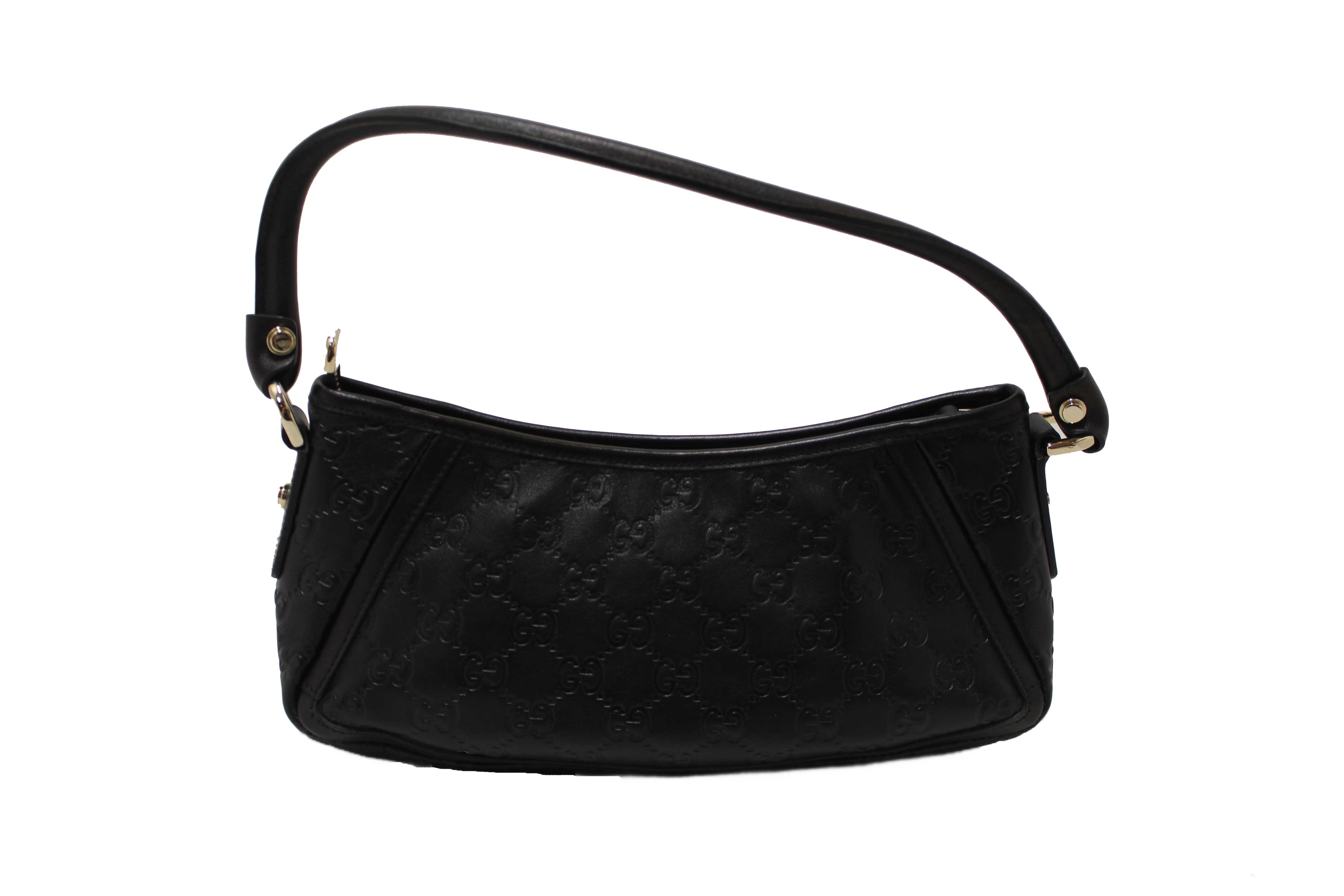 Authentic Gucci Black Guccissima Leather D Ring Abbey Pochette Bag 130939