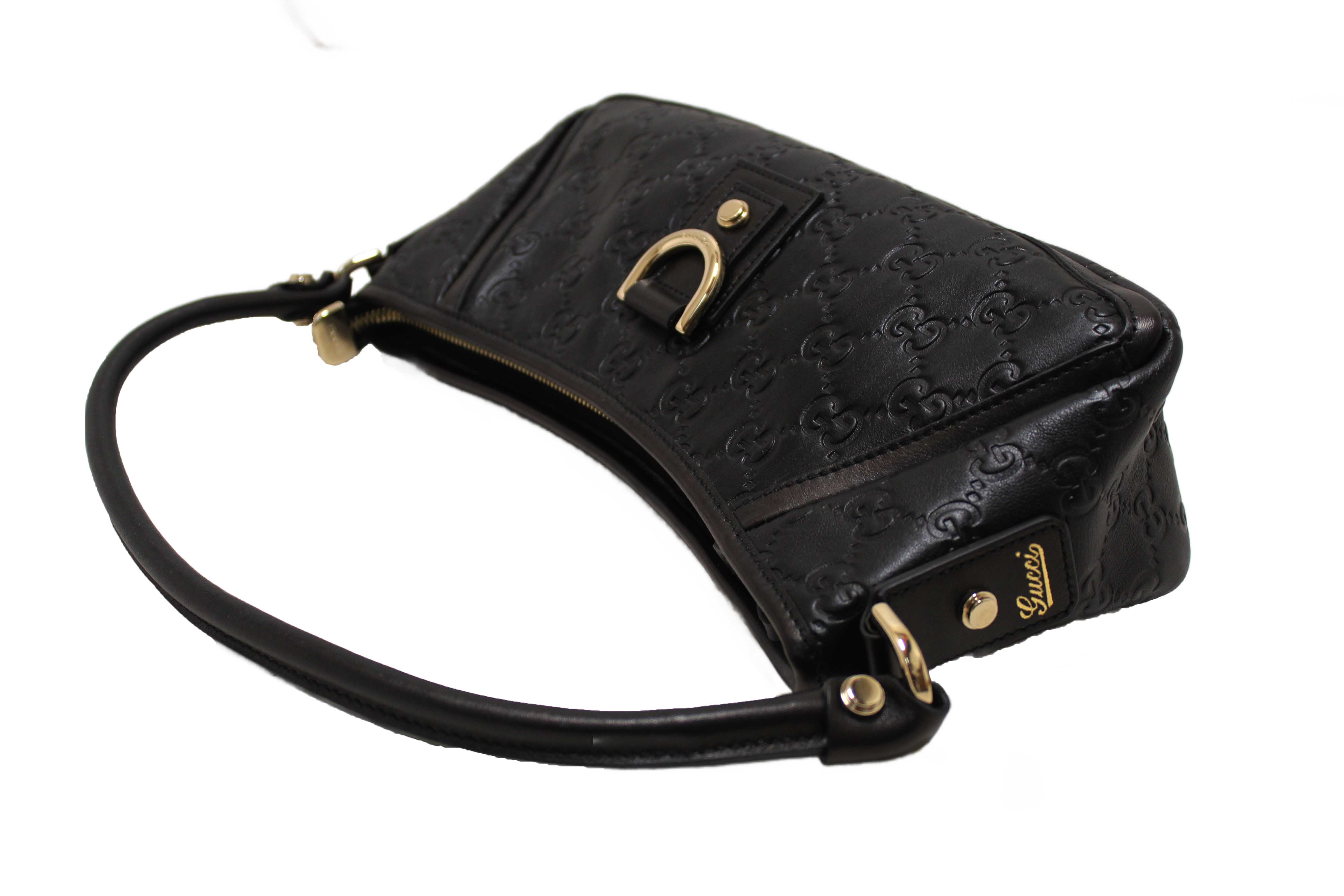 Authentic Gucci Black Guccissima Leather D Ring Abbey Pochette Bag 130939