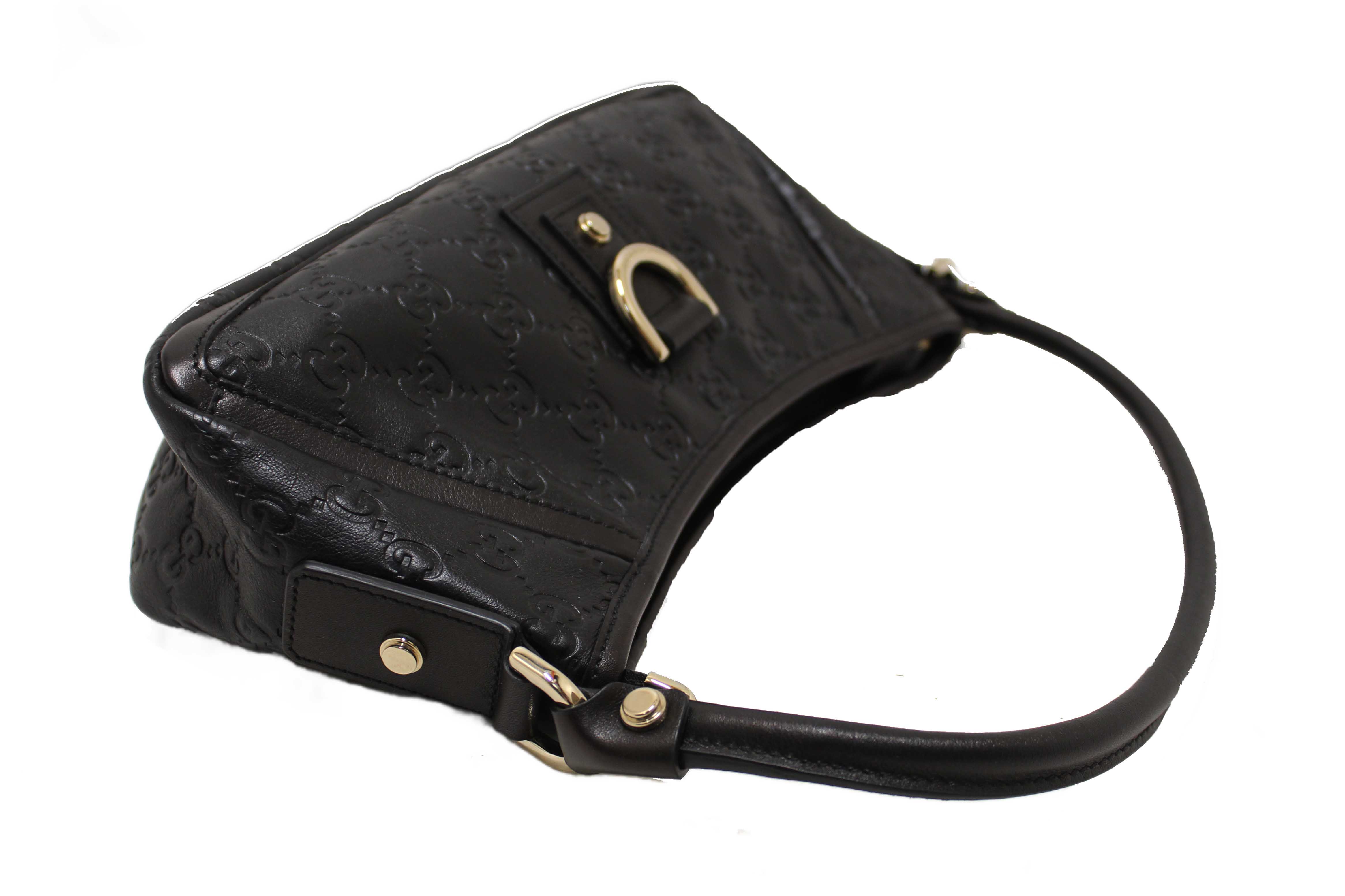 Authentic Gucci Black Guccissima Leather D Ring Abbey Pochette Bag 130939