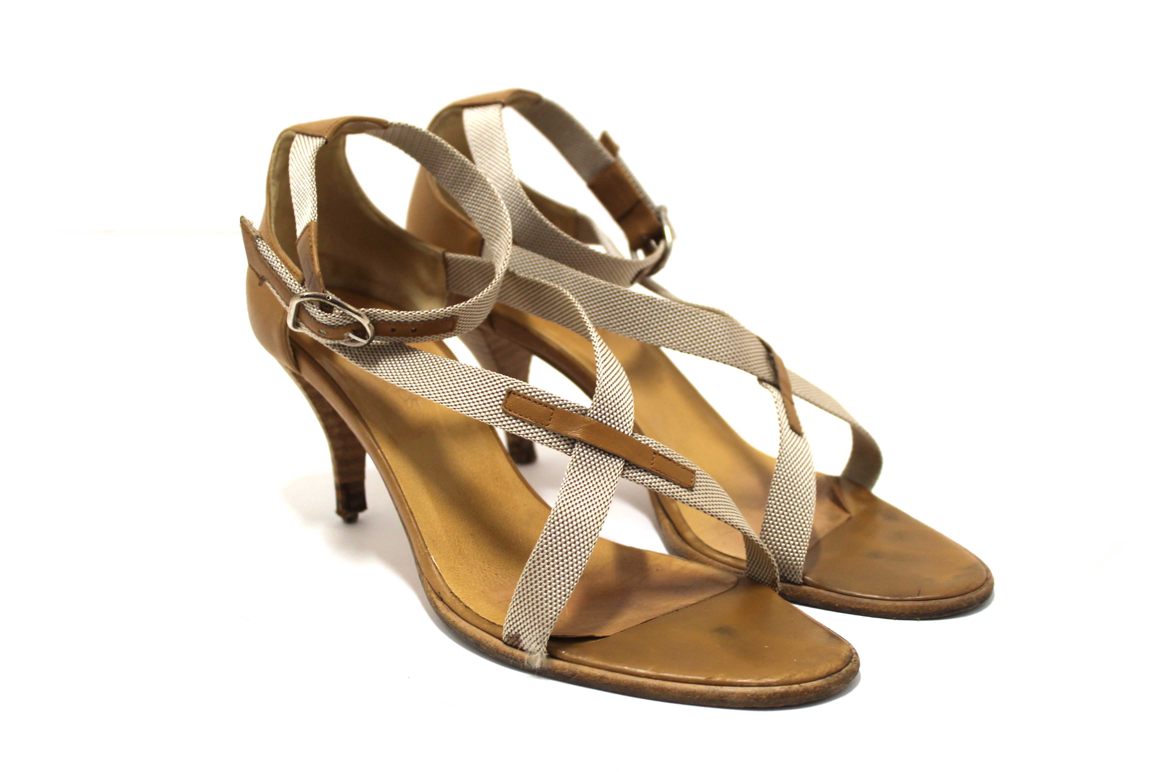 Authentic Hermes Beige Canvas Leather Strappy Heels Sandals Shoes Size 36.5