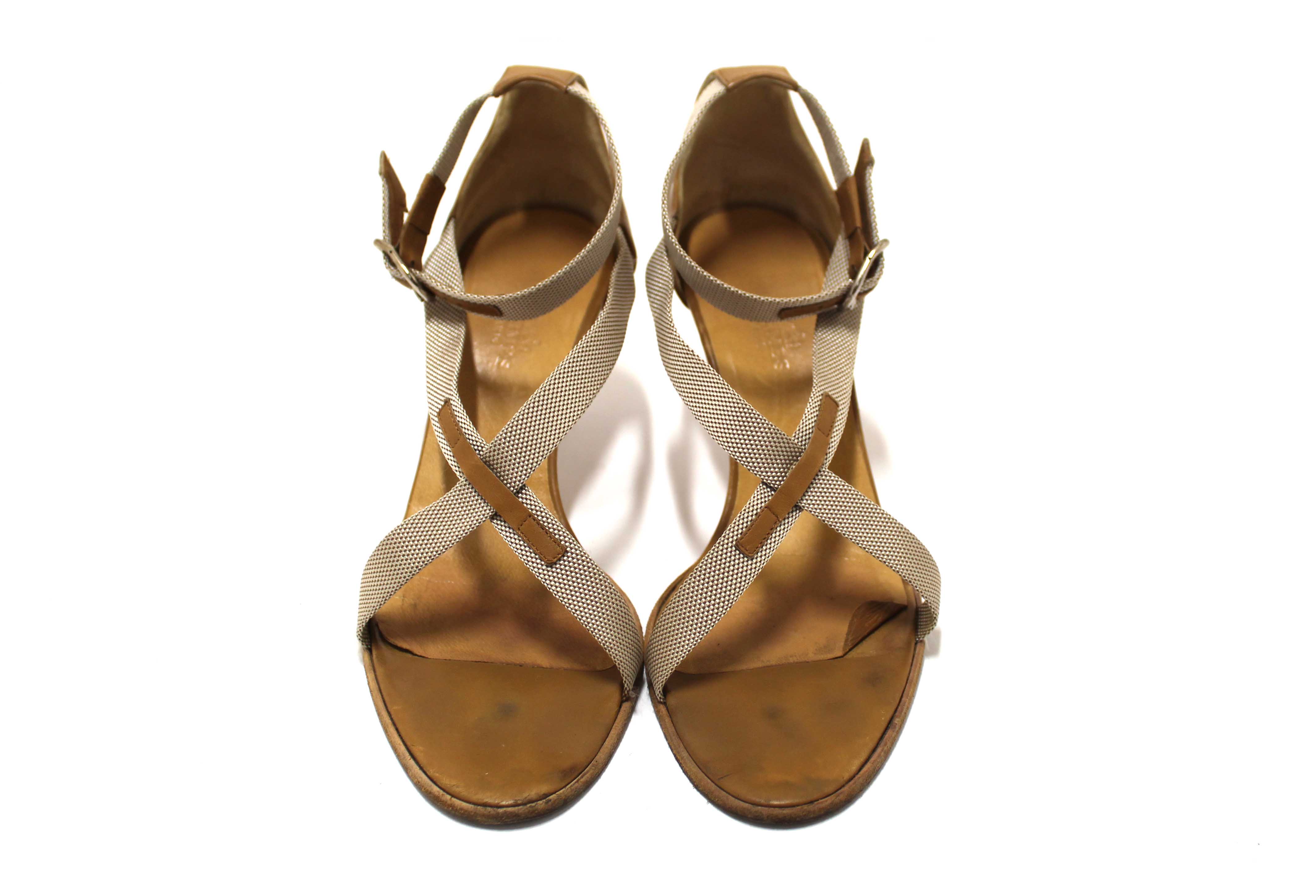 Authentic Hermes Beige Canvas Leather Strappy Heels Sandals Shoes Size 36.5