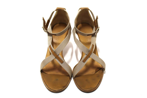 Authentic Hermes Beige Canvas Leather Strappy Heels Sandals Shoes Size 36.5