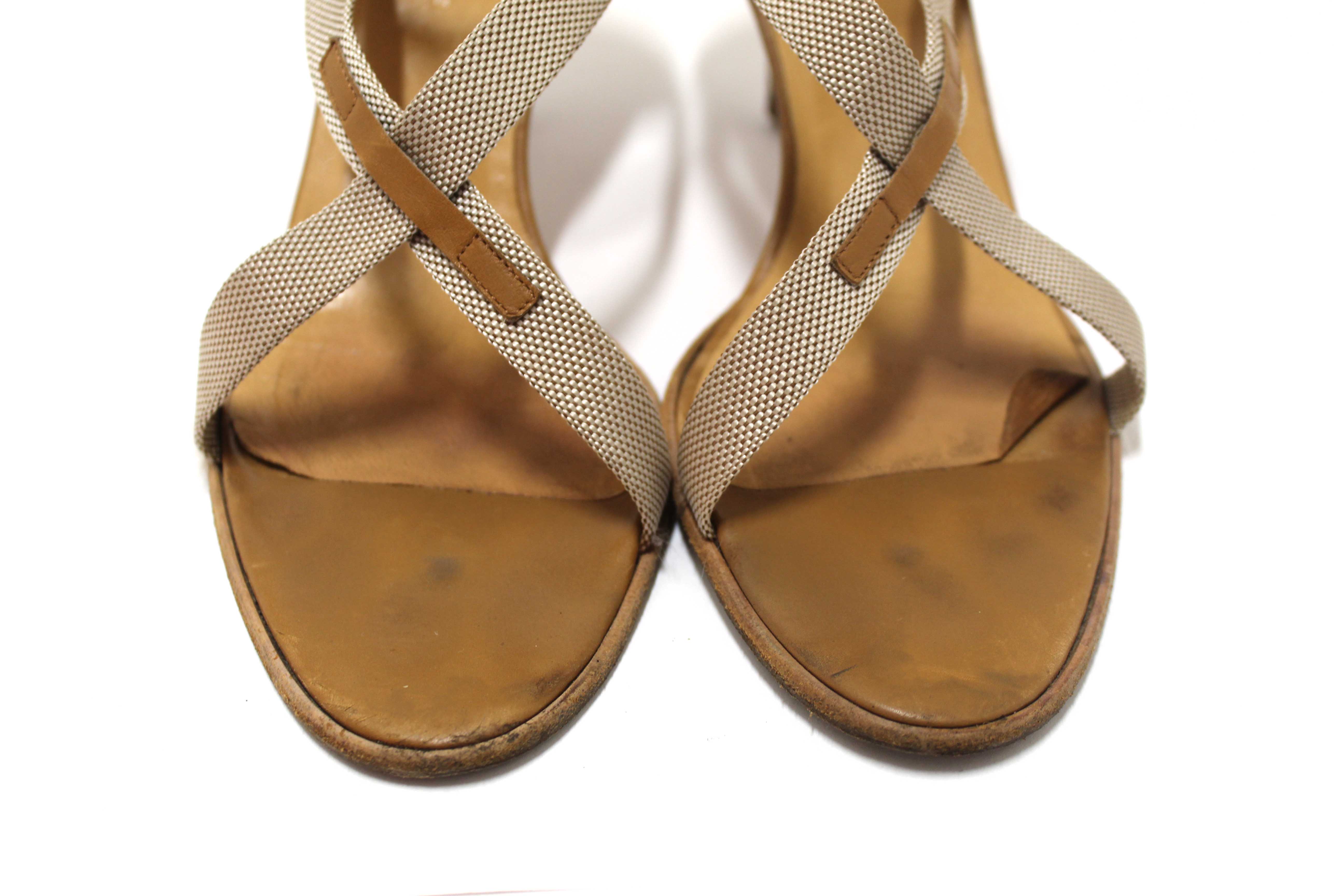 Authentic Hermes Beige Canvas Leather Strappy Heels Sandals Shoes Size 36.5
