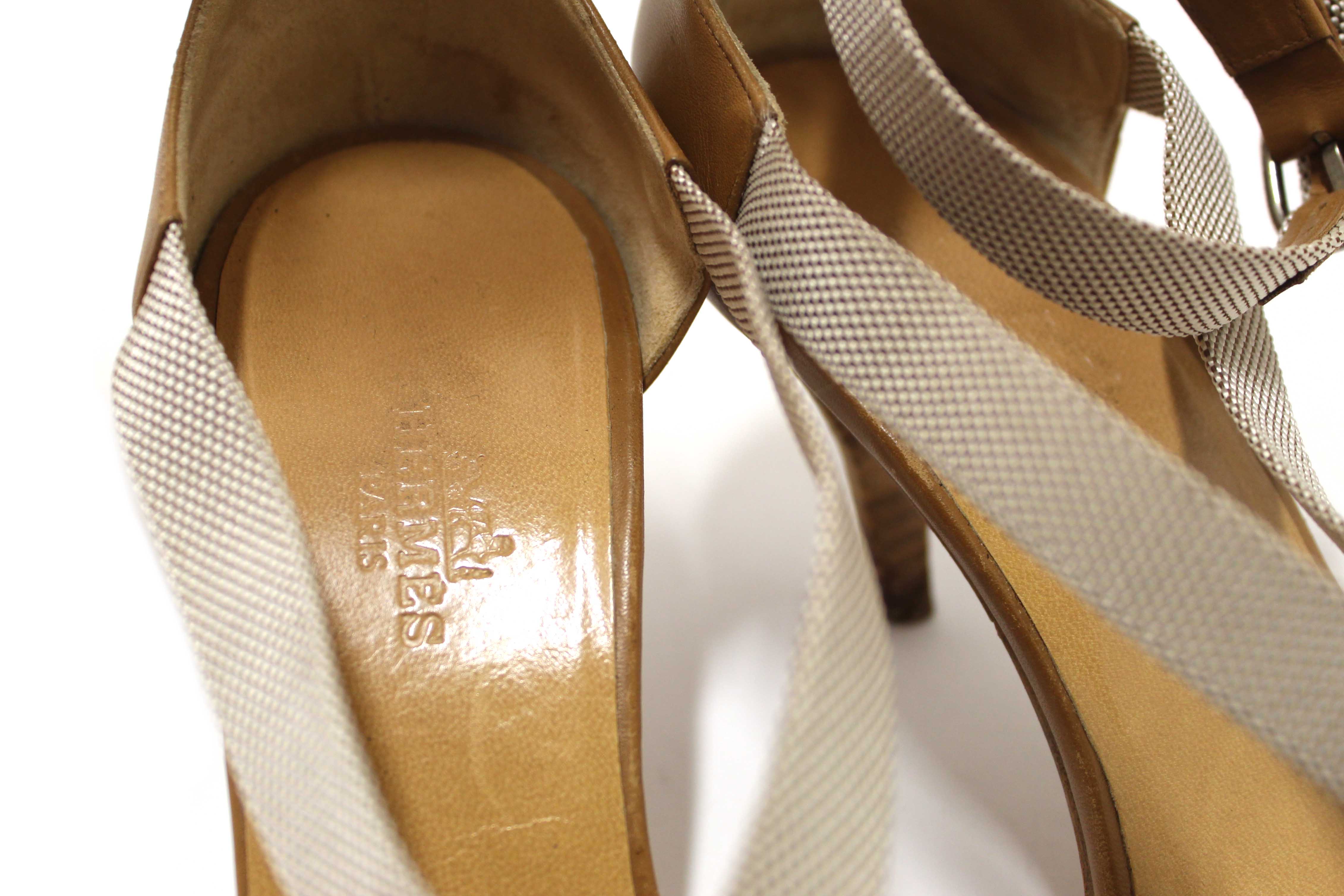 Authentic Hermes Beige Canvas Leather Strappy Heels Sandals Shoes Size 36.5