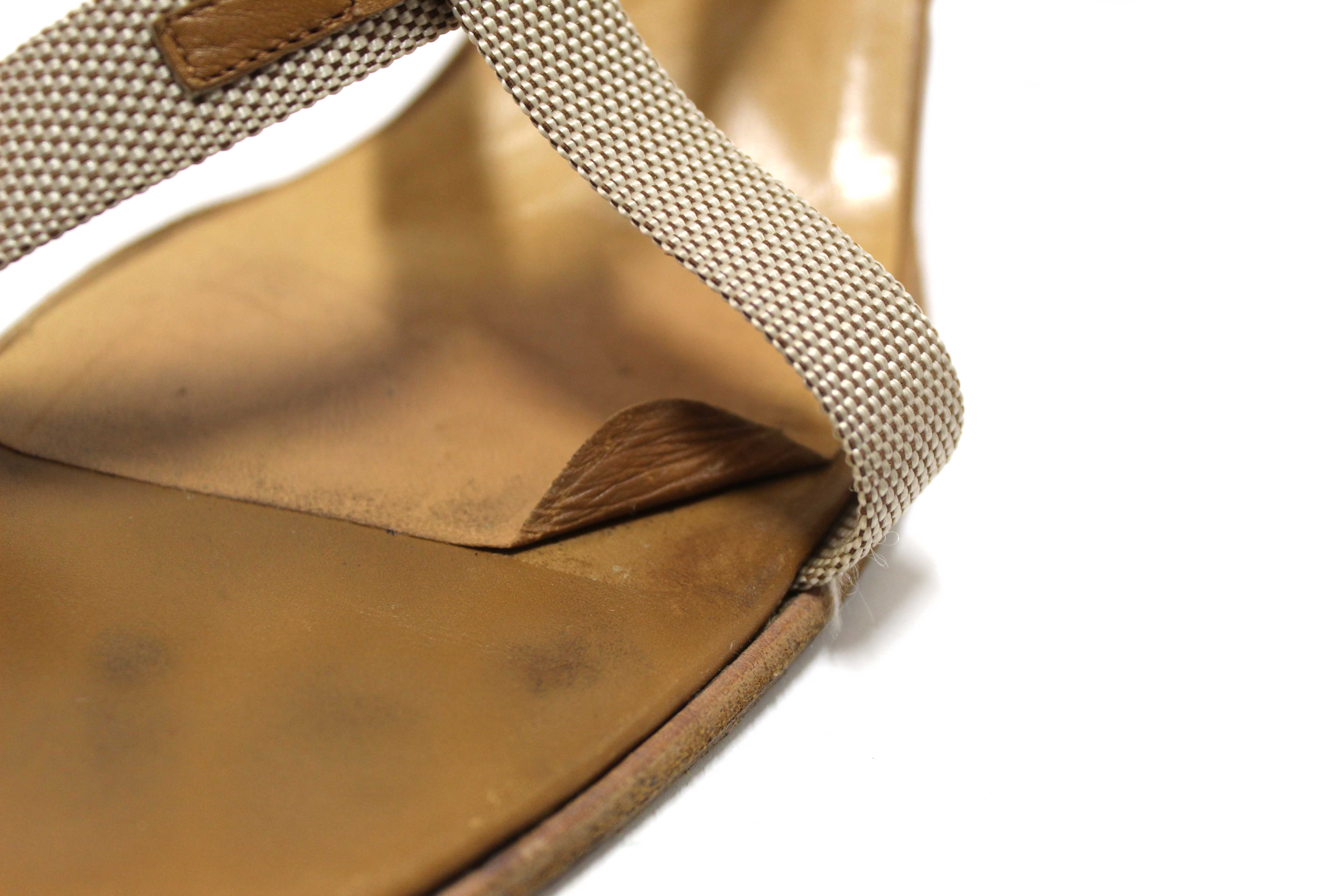 Authentic Hermes Beige Canvas Leather Strappy Heels Sandals Shoes Size 36.5