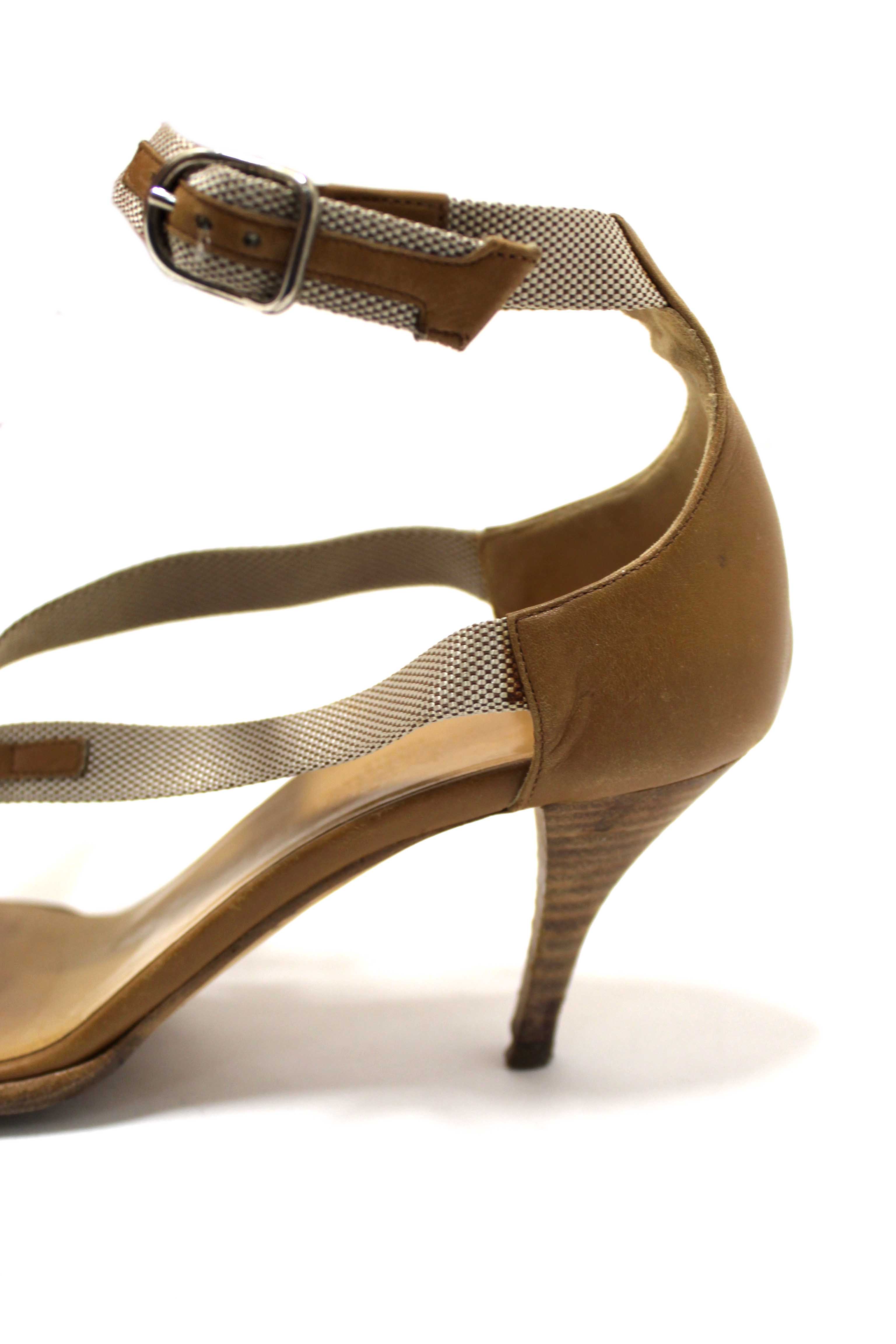Authentic Hermes Beige Canvas Leather Strappy Heels Sandals Shoes Size 36.5