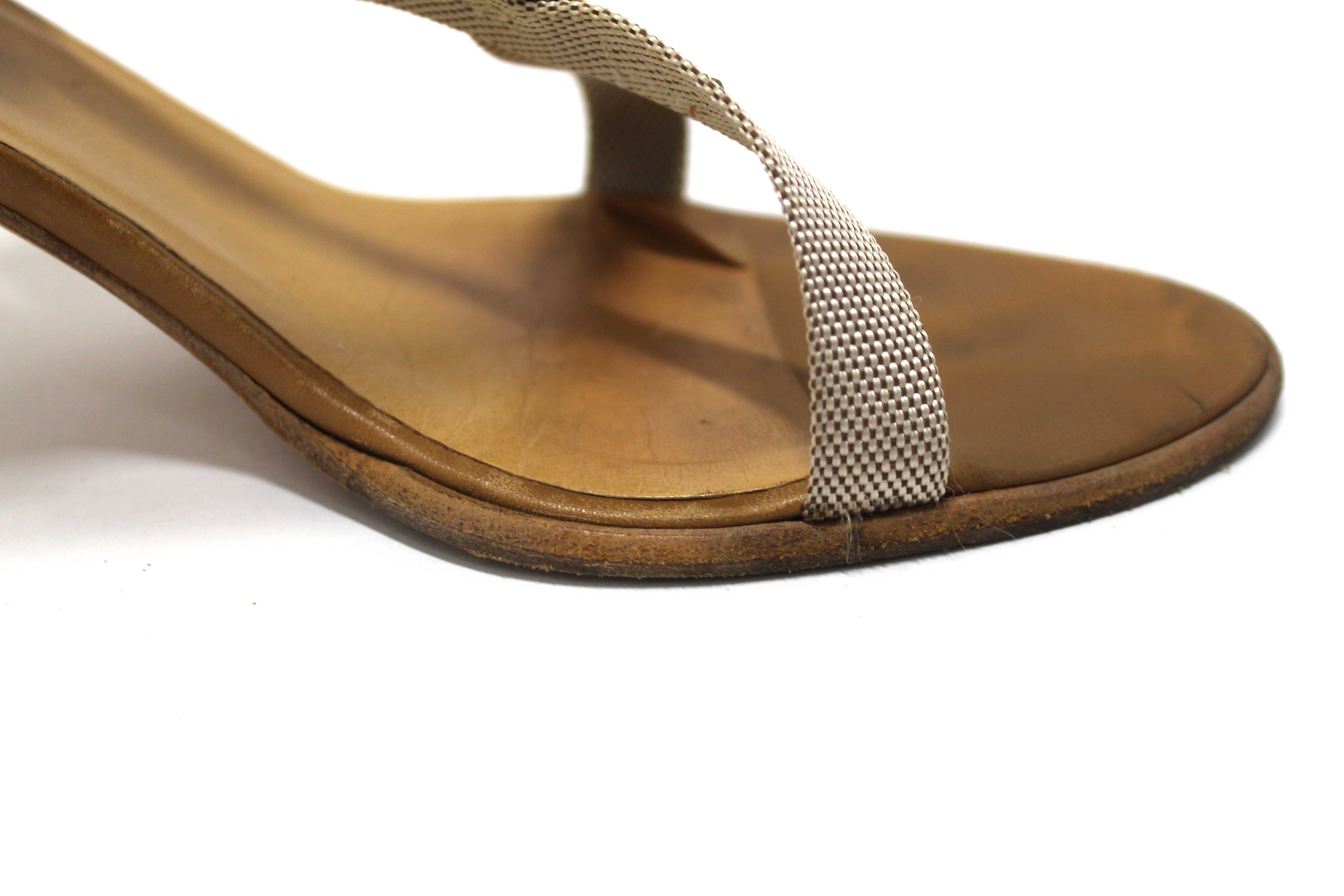 Authentic Hermes Beige Canvas Leather Strappy Heels Sandals Shoes Size 36.5