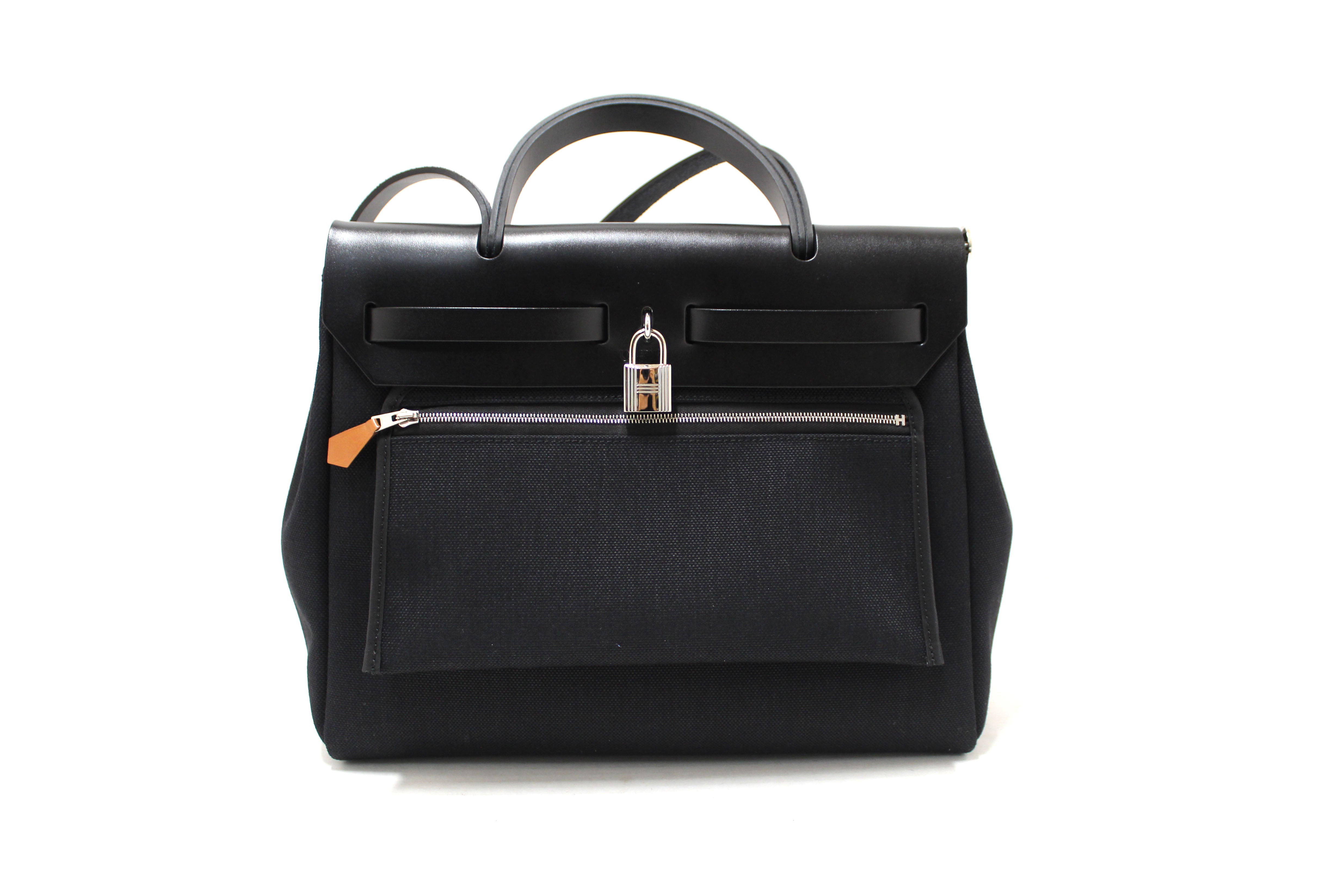 Authentic Hermes Black Vache Hunter Toile Herbag Zip 31 PM Bag