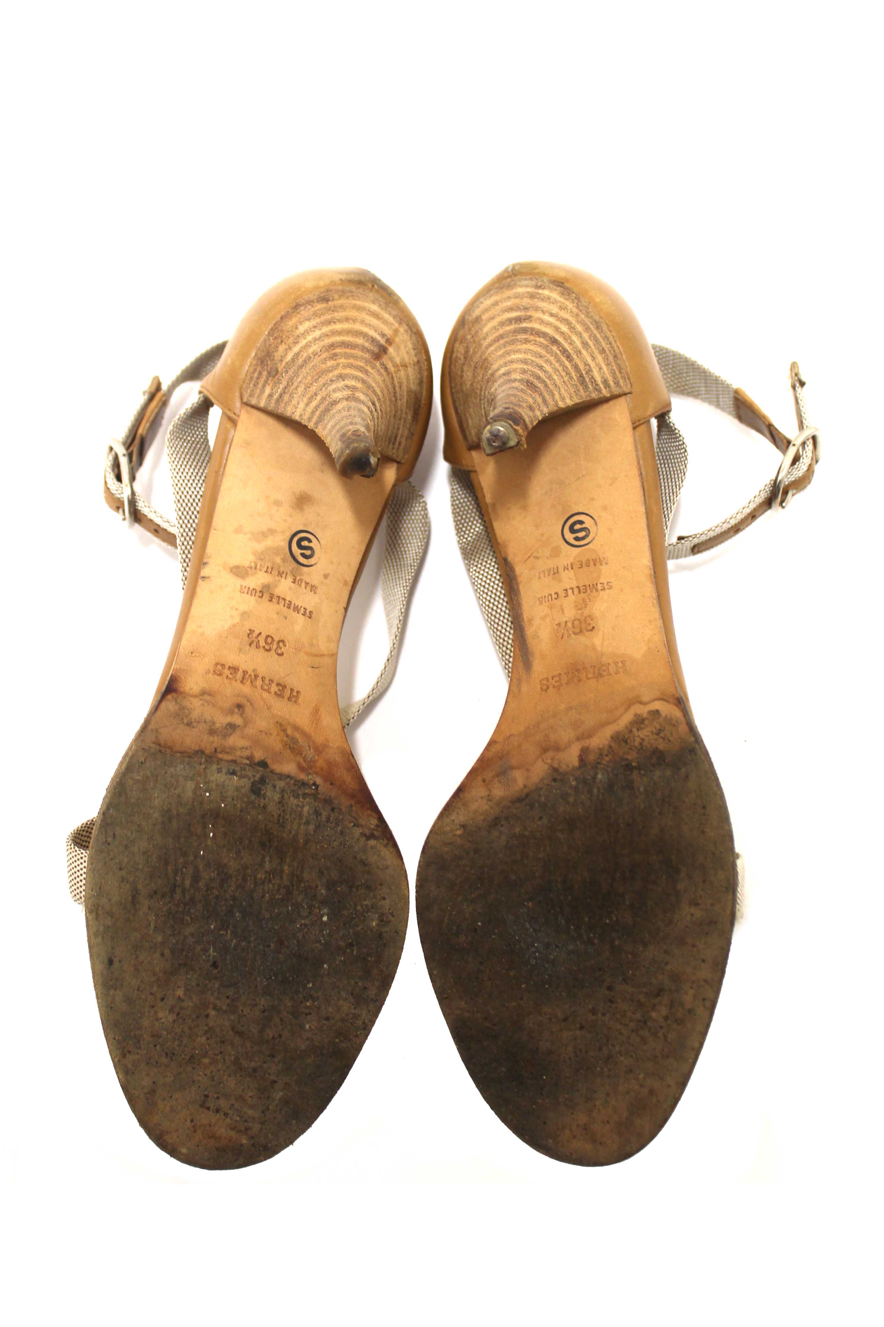 Authentic Hermes Beige Canvas Leather Strappy Heels Sandals Shoes Size 36.5