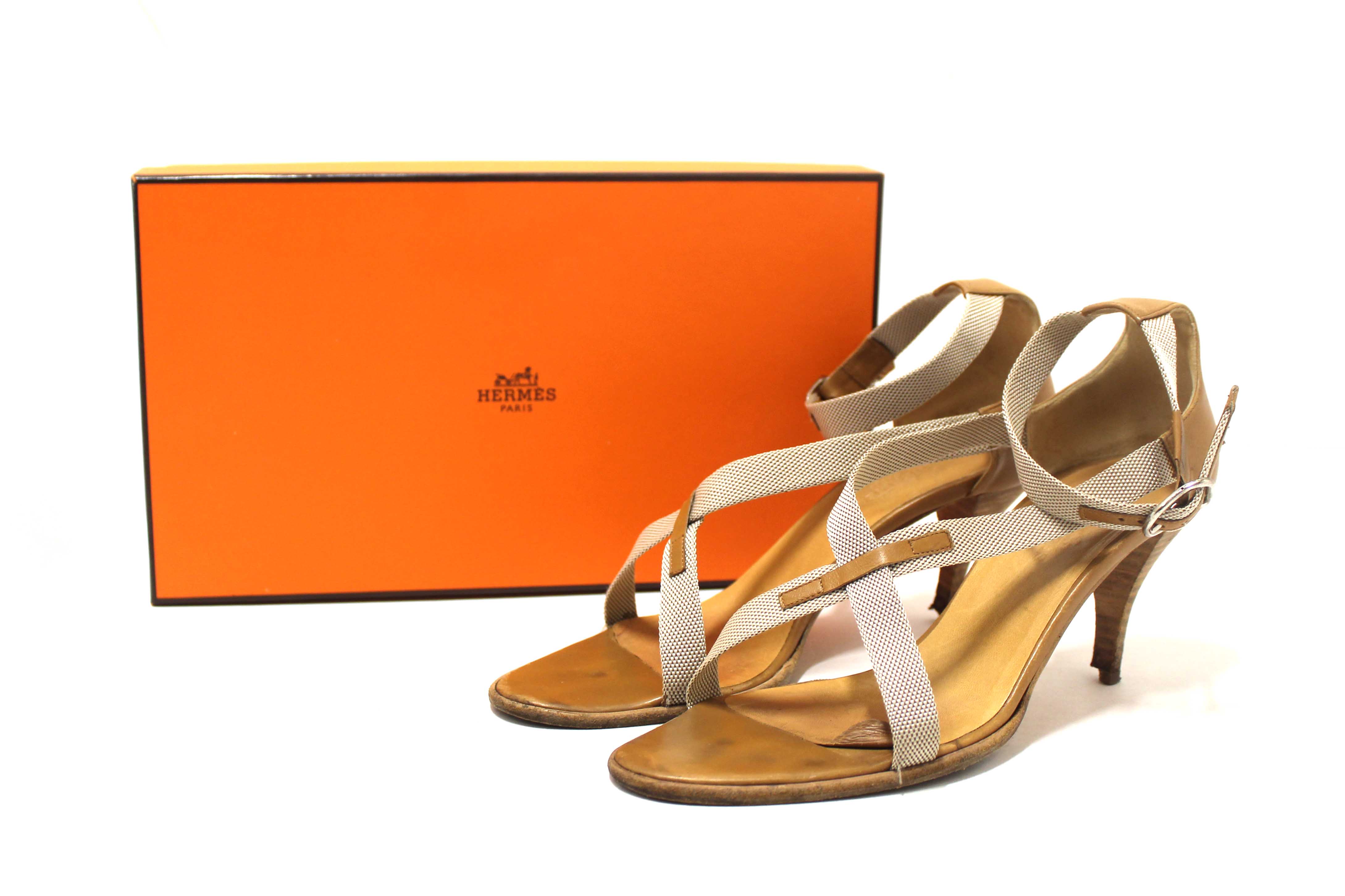 Authentic Hermes Beige Canvas Leather Strappy Heels Sandals Shoes Size 36.5
