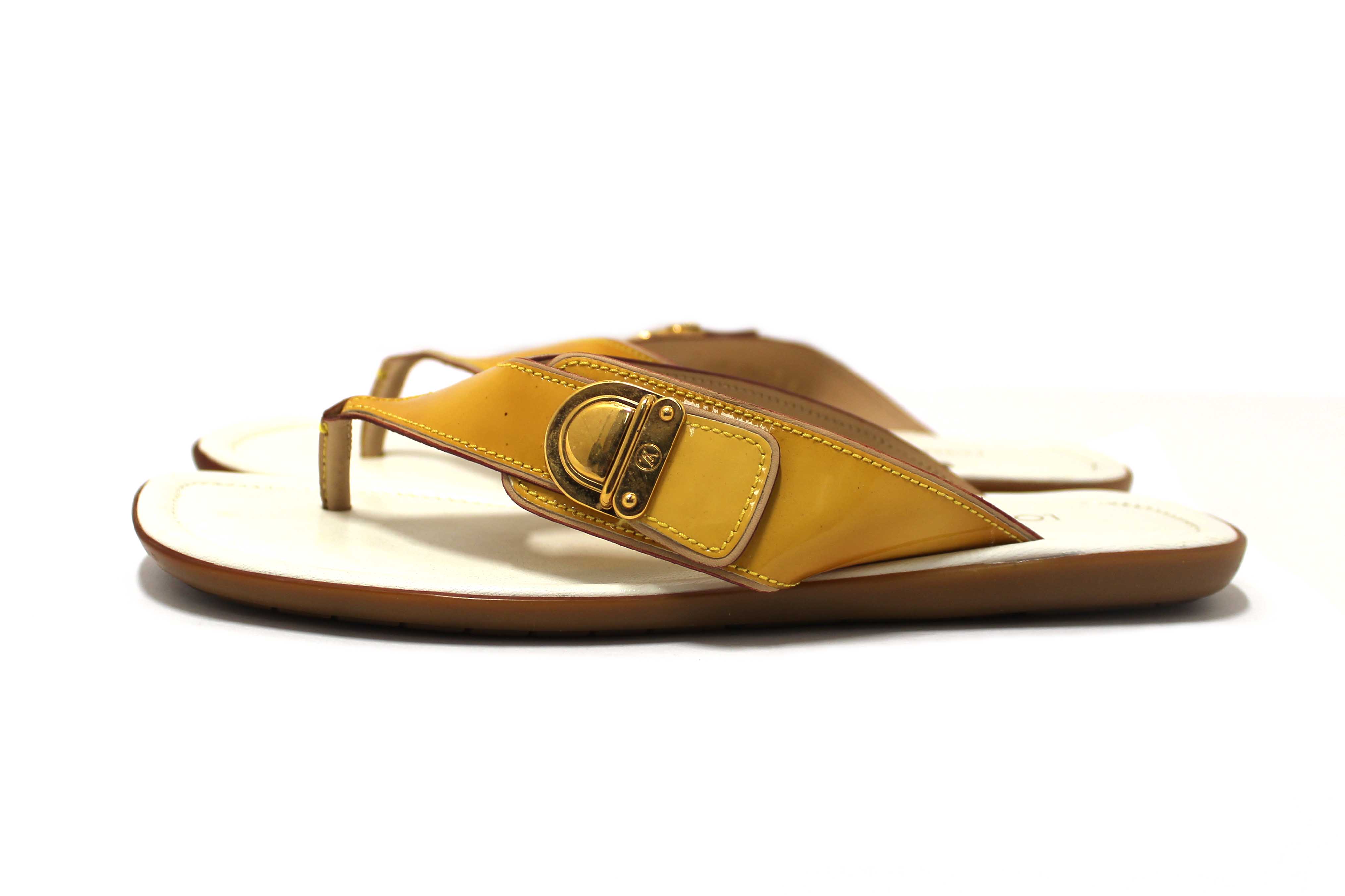 Authentic Louis Vuitton Yellow Patent Leather Thong Slipper Sandals Shoes Size 36
