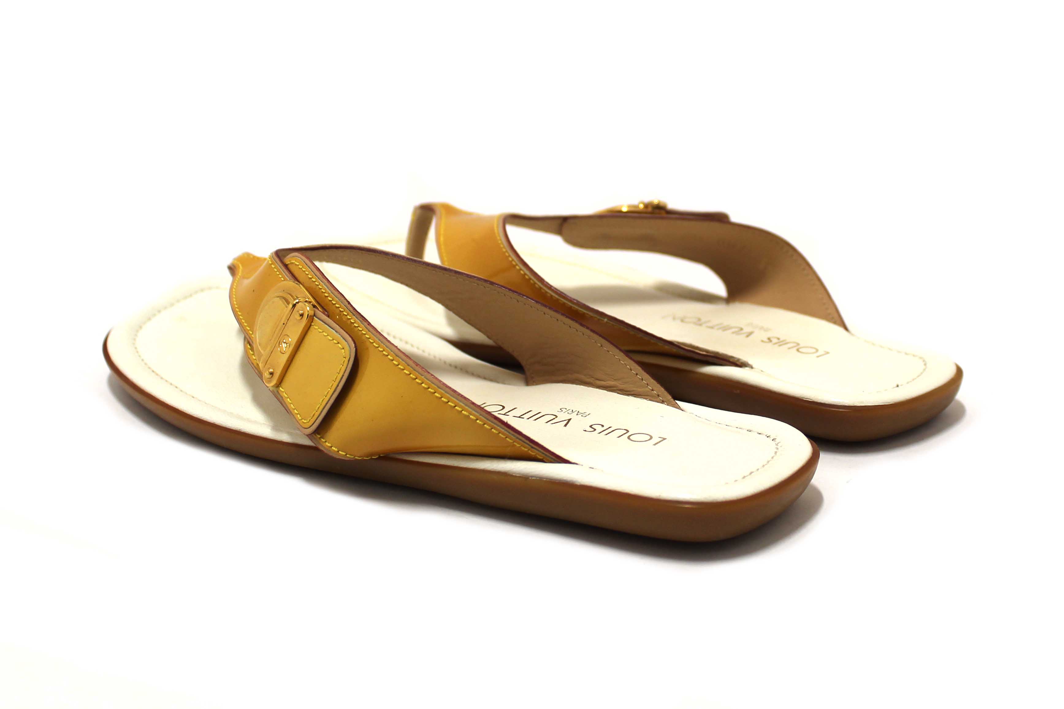 Authentic Louis Vuitton Yellow Patent Leather Thong Slipper Sandals Shoes Size 36