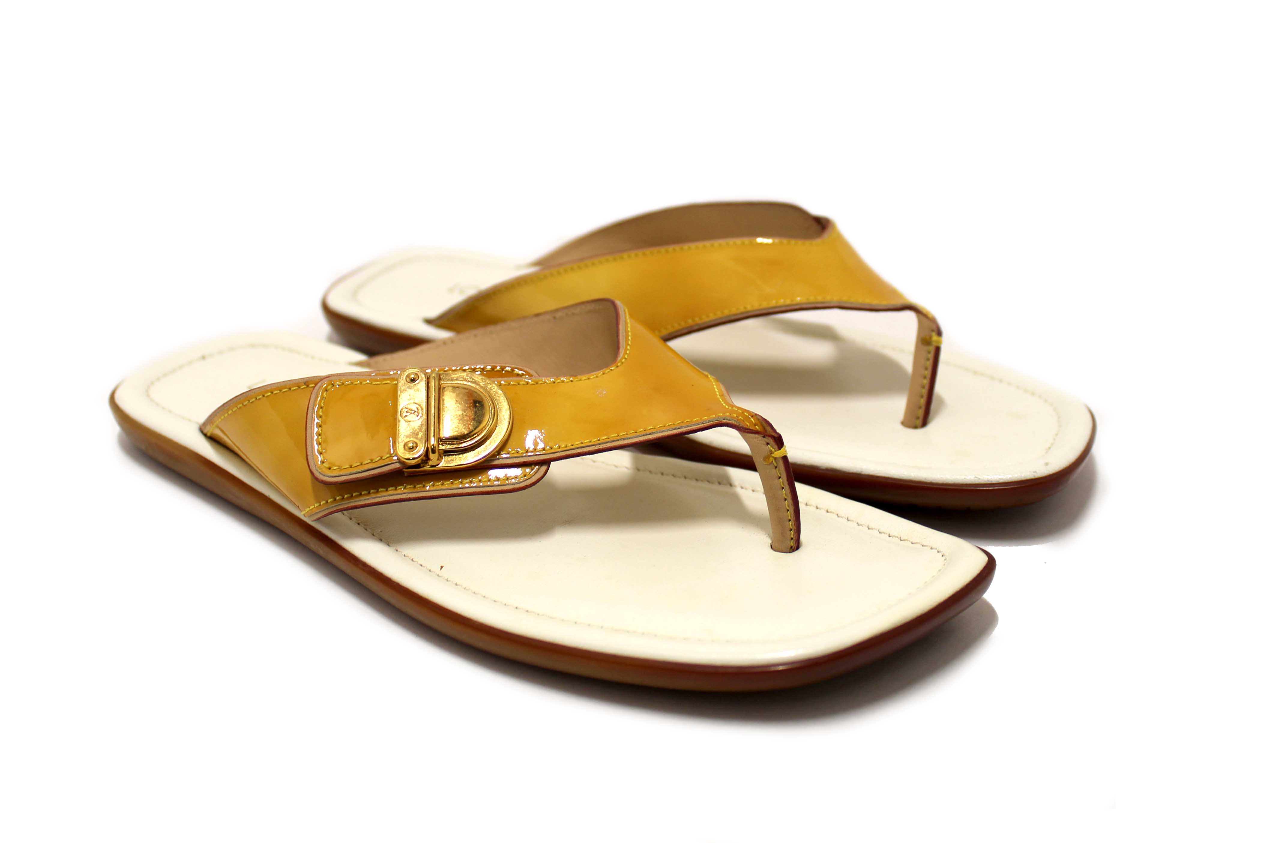 Authentic Louis Vuitton Yellow Patent Leather Thong Slipper Sandals Shoes Size 36