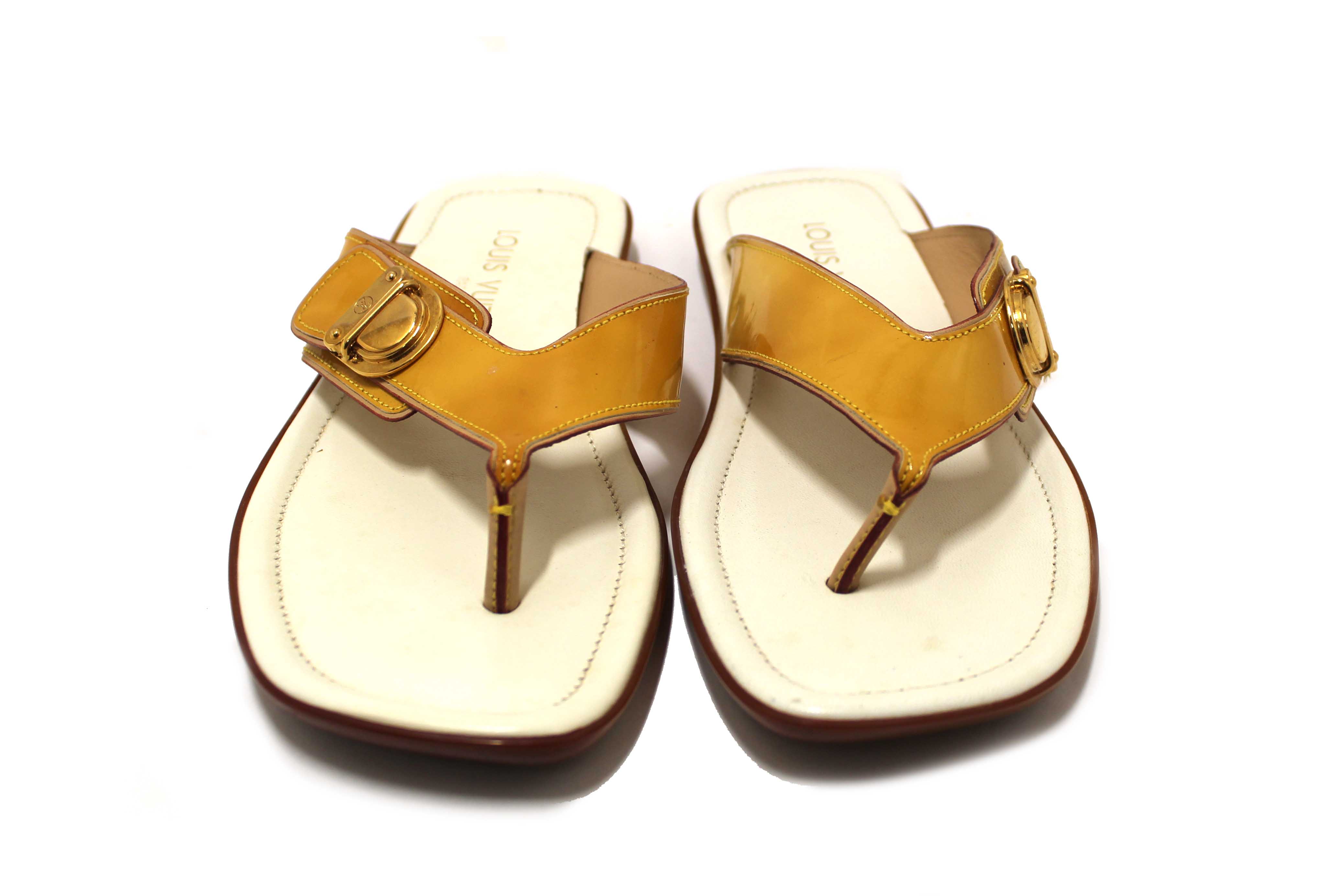 Authentic Louis Vuitton Yellow Patent Leather Thong Slipper Sandals Shoes Size 36