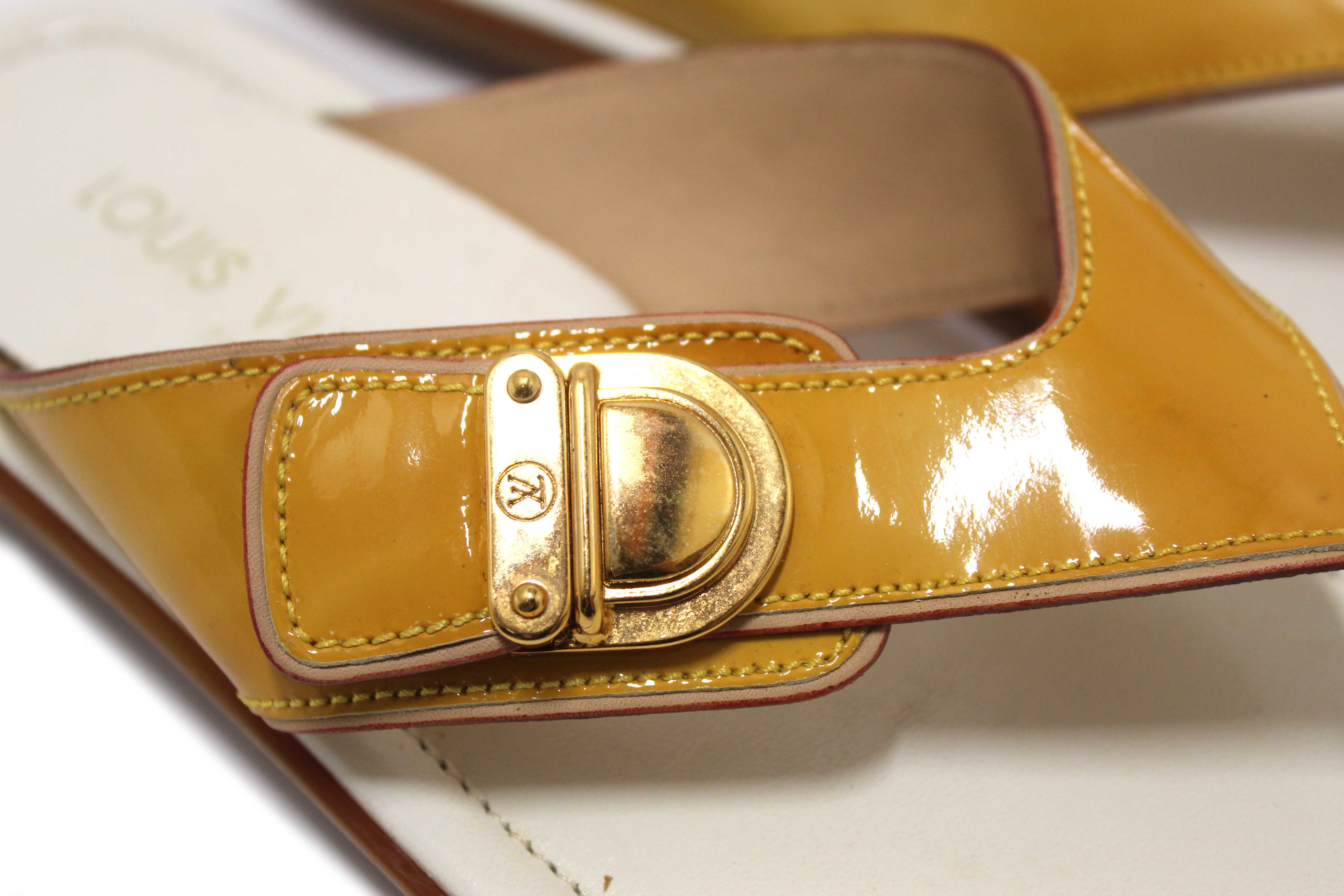 Authentic Louis Vuitton Yellow Patent Leather Thong Slipper Sandals Shoes Size 36