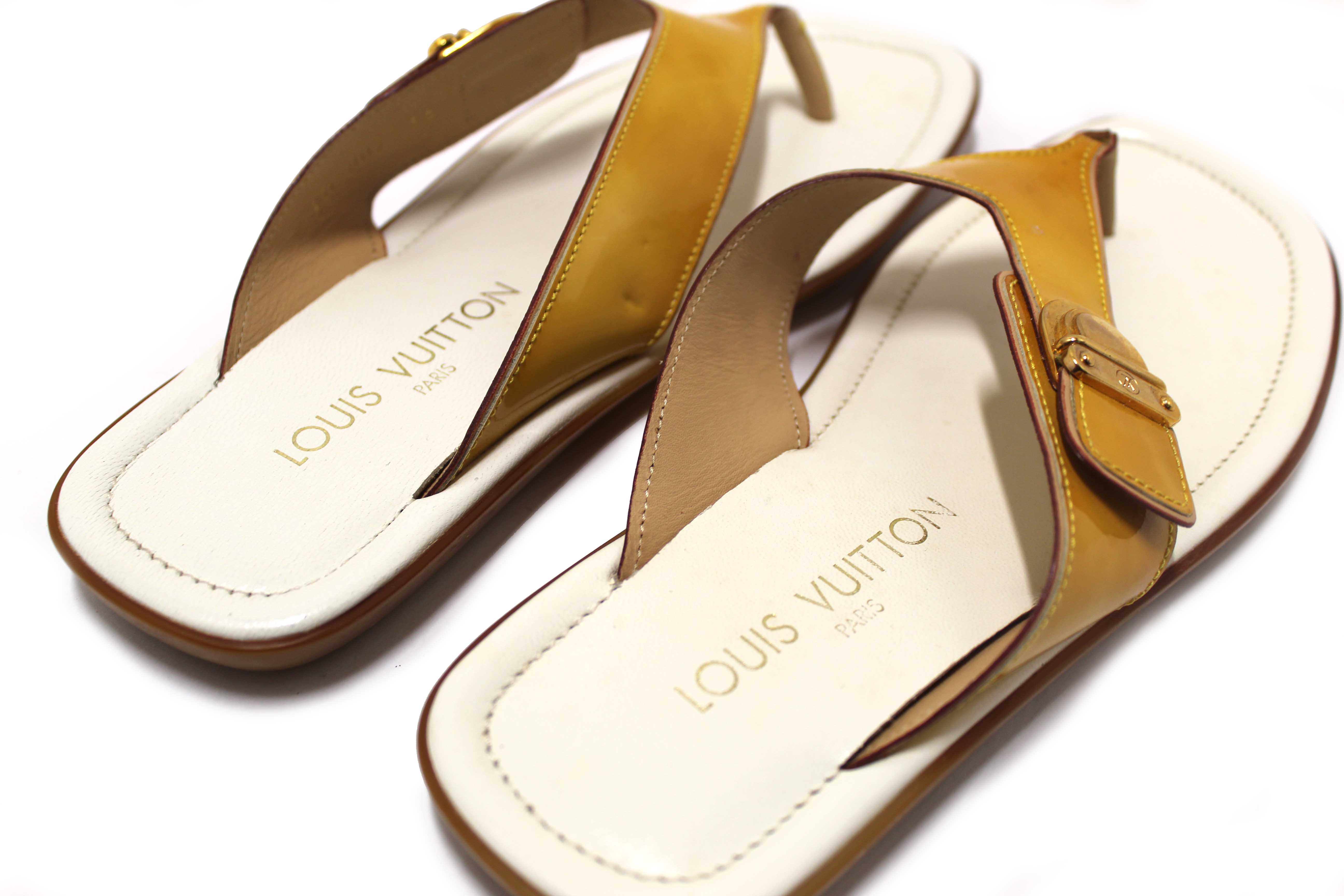 Authentic Louis Vuitton Yellow Patent Leather Thong Slipper Sandals Shoes Size 36