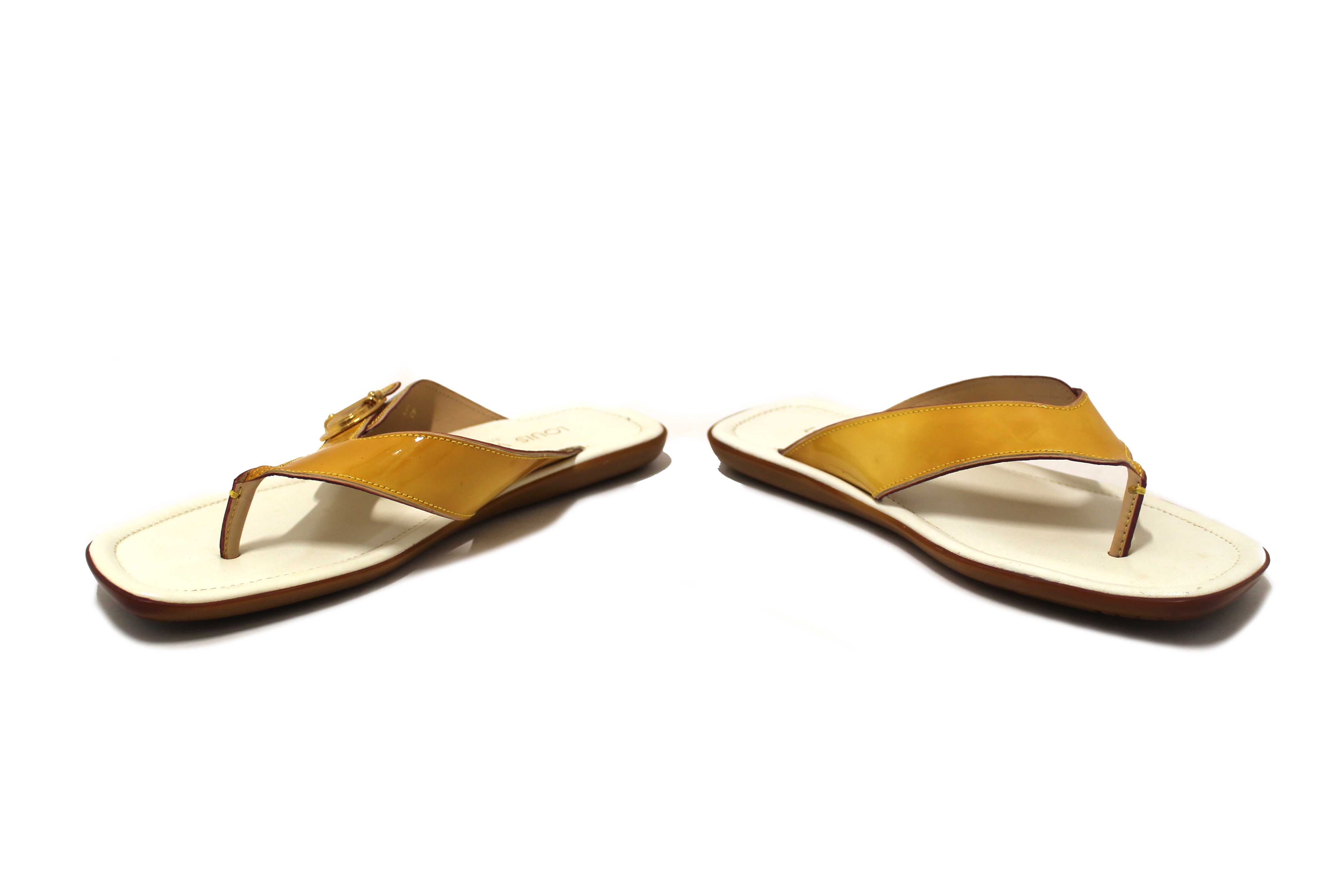 Authentic Louis Vuitton Yellow Patent Leather Thong Slipper Sandals Shoes Size 36