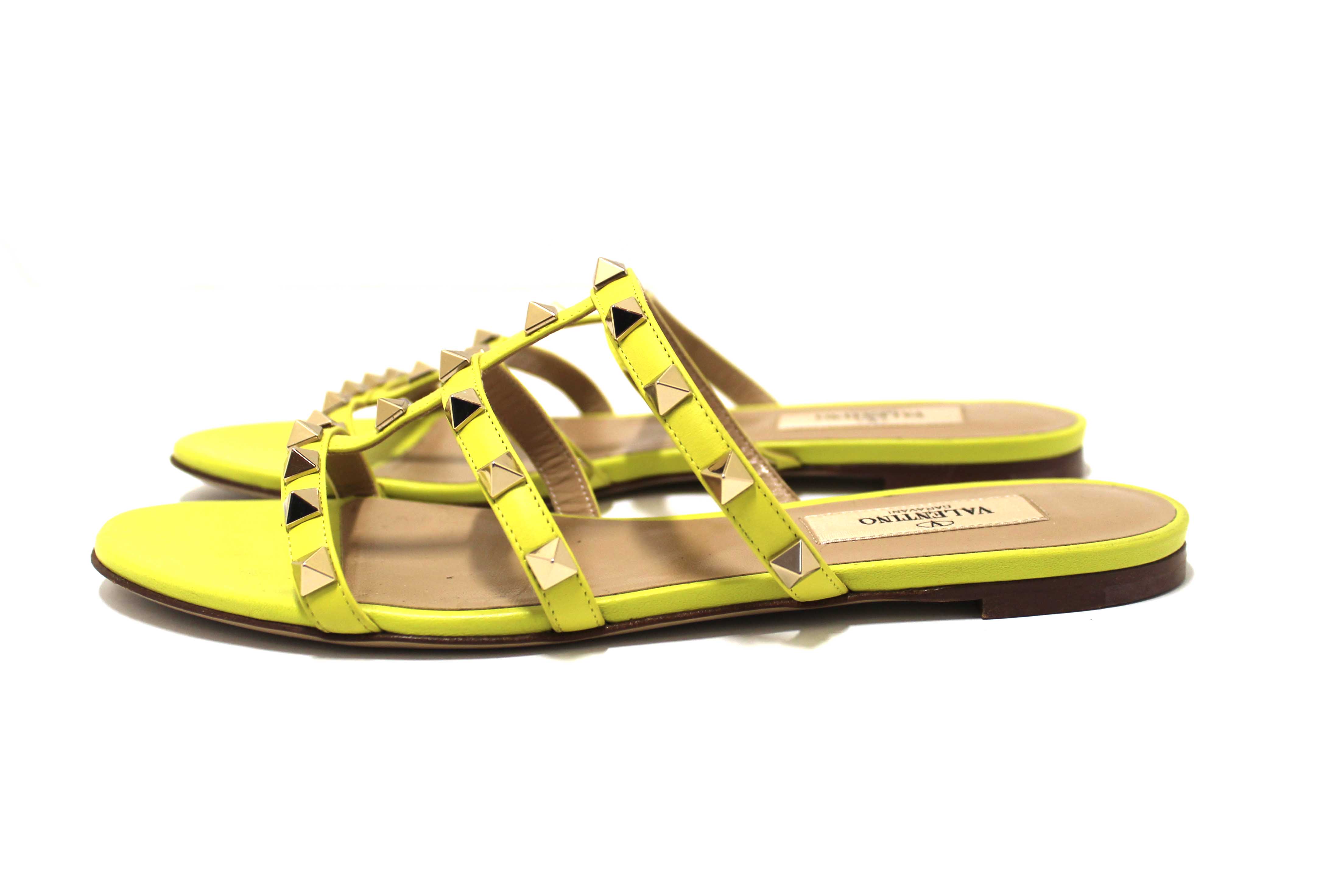 Authentic Valentino Yellow Calfskin Leather Rockstud Slide Sandals Shoes Size 36.5