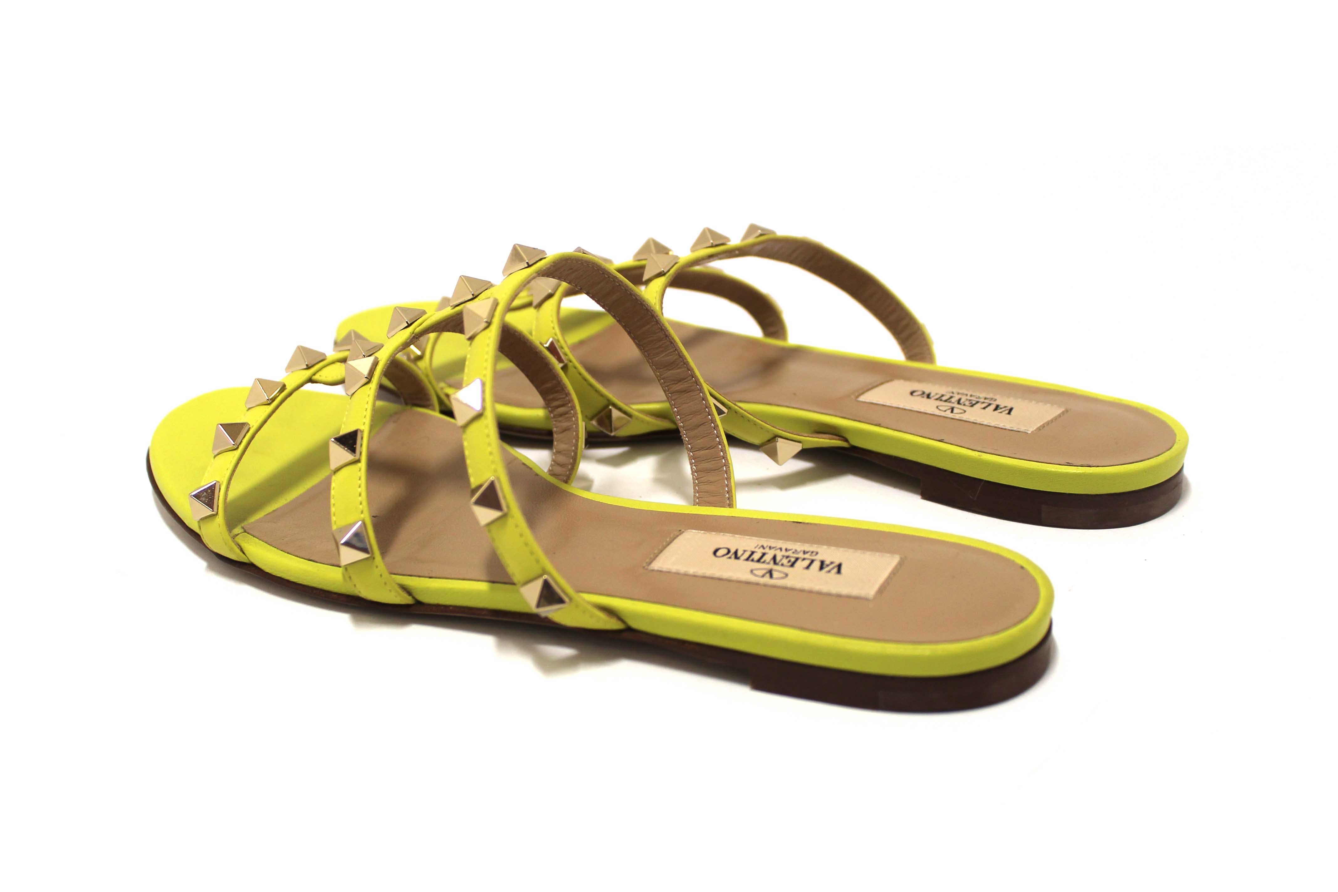 Authentic Valentino Yellow Calfskin Leather Rockstud Slide Sandals Shoes Size 36.5