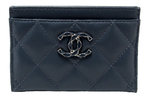 Authentic Chanel Blue Quilted Lambskin Leather Card Holder