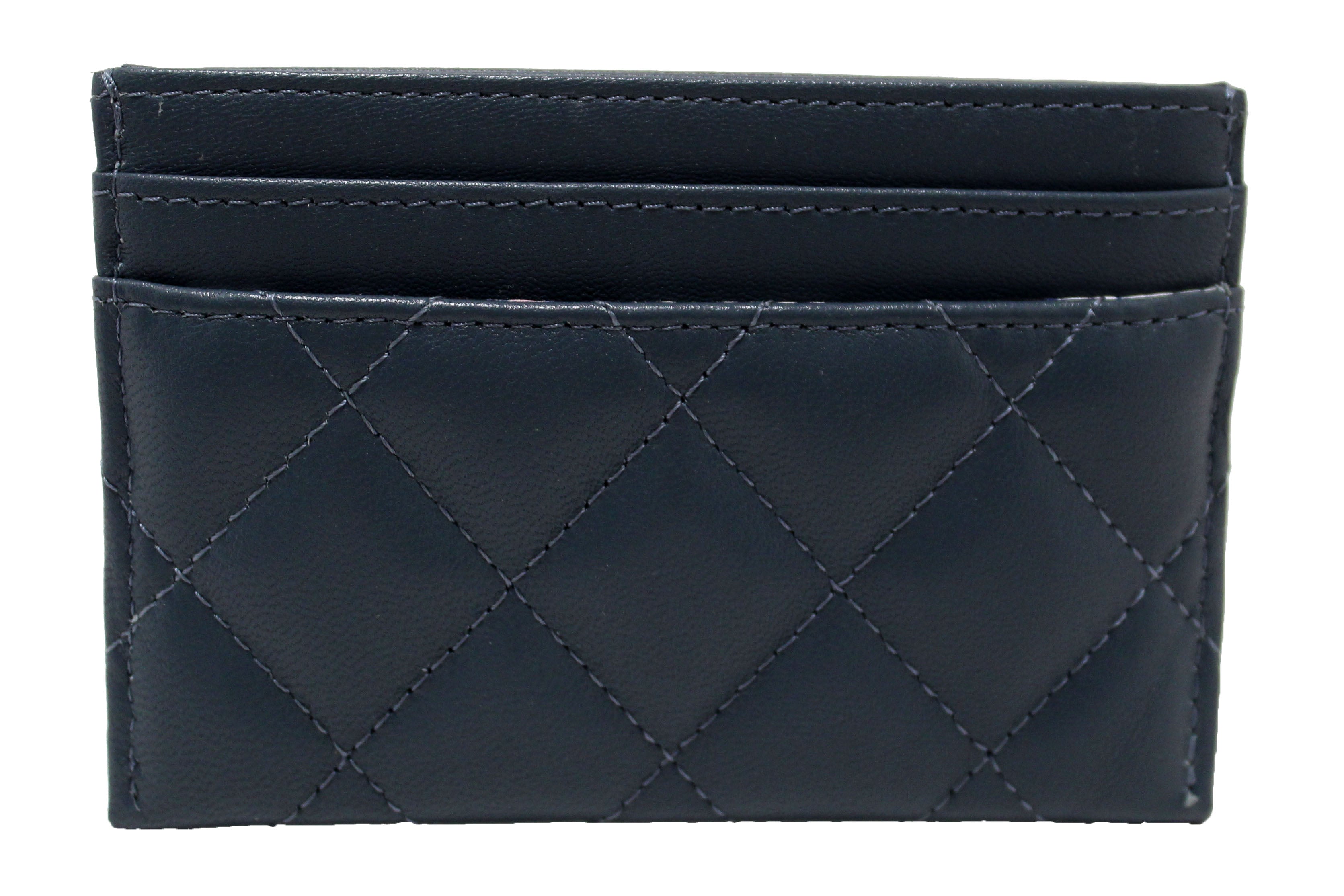 Authentic Chanel Blue Quilted Lambskin Leather Card Holder